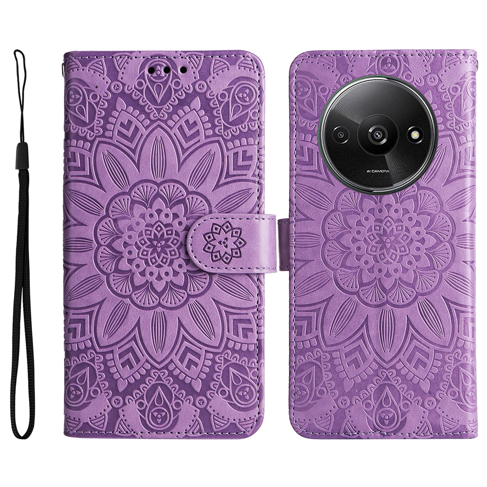 For Xiaomi Redmi A3 / Poco C61 4G Cell Phone Case Imprinted Flower Stand Cover with Handy Strap