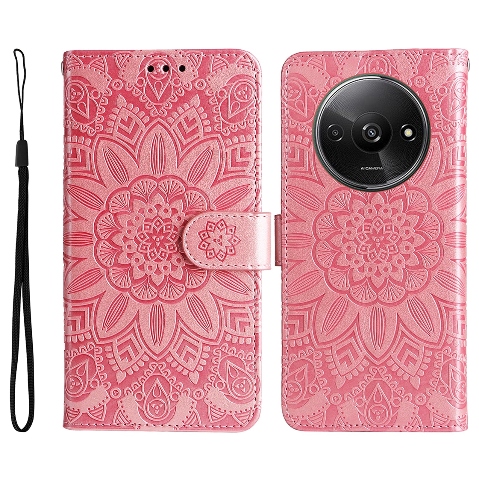 For Xiaomi Redmi A3 / Poco C61 4G Cell Phone Case Imprinted Flower Stand Cover with Handy Strap
