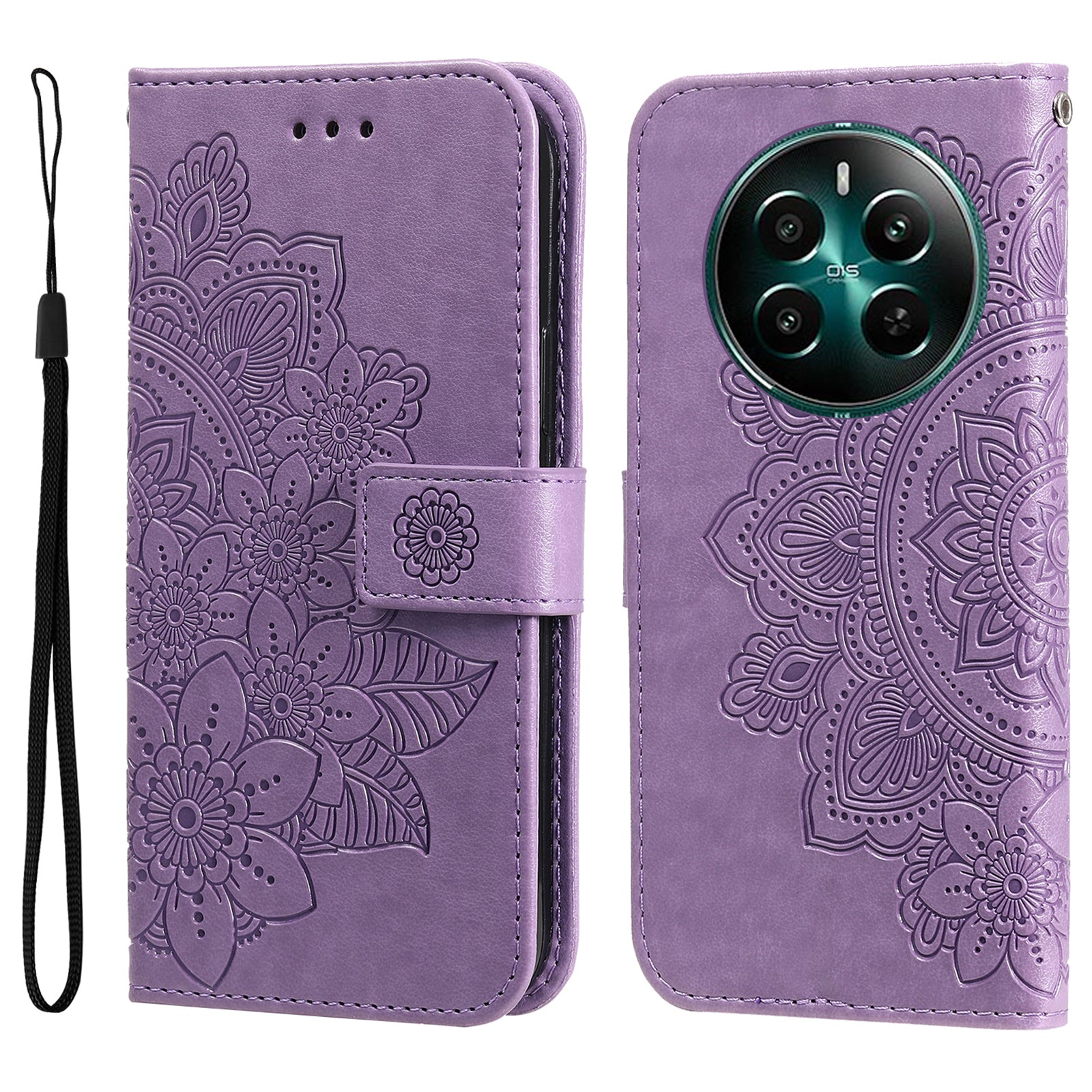 For Realme 12+ 5G Leather Case Wallet Phone Cover Imprinted Flower Pattern