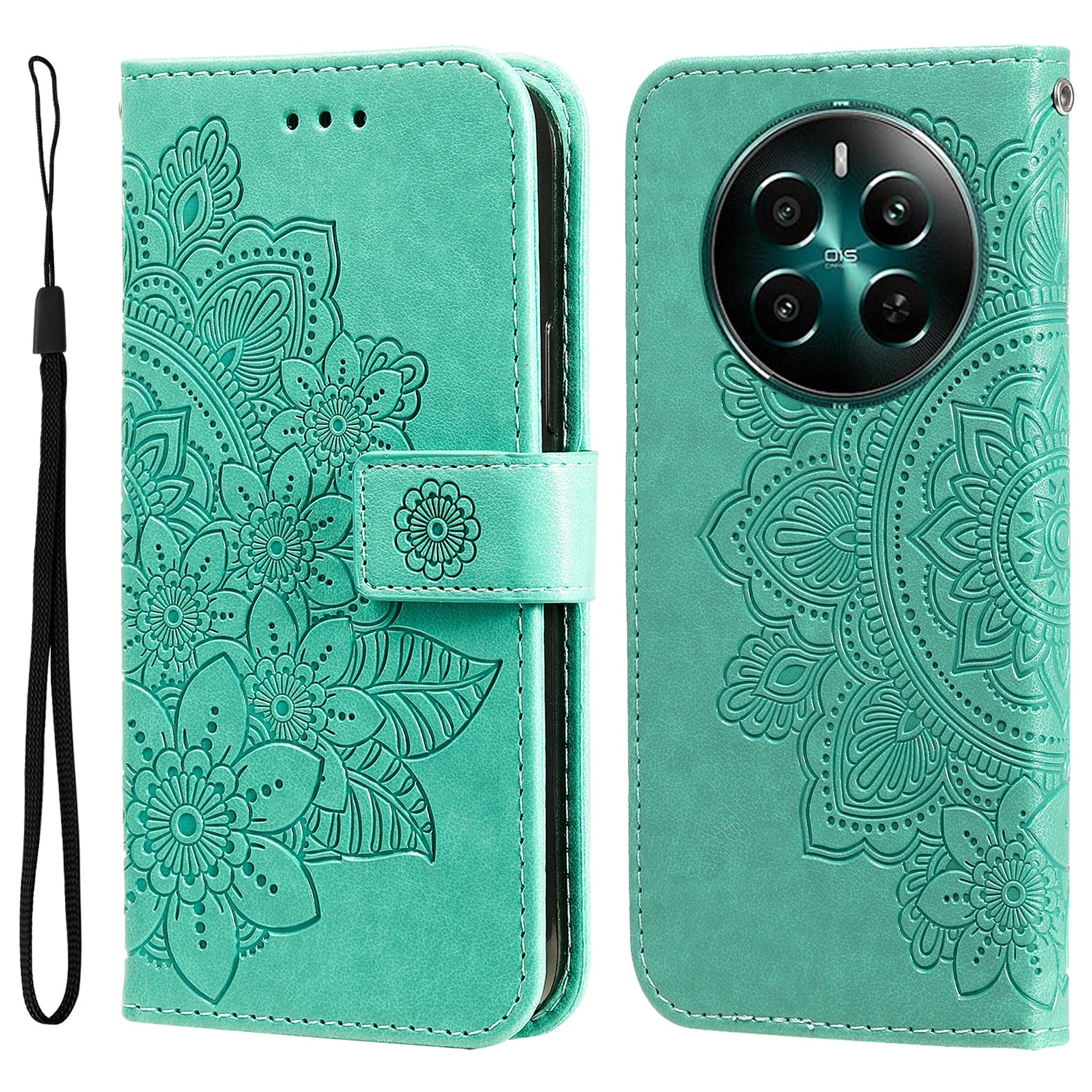 For Realme 12+ 5G Leather Case Wallet Phone Cover Imprinted Flower Pattern