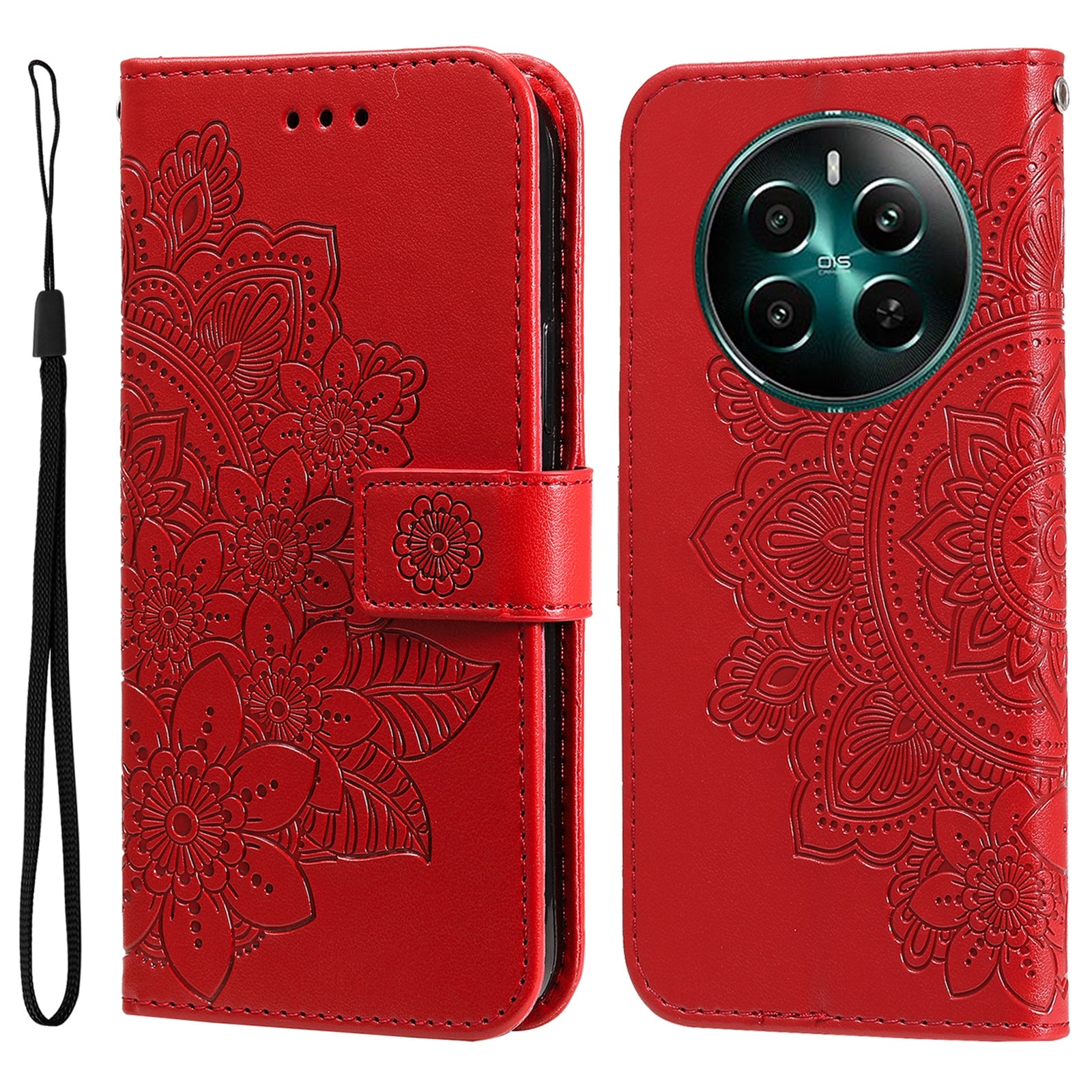 For Realme 12+ 5G Leather Case Wallet Phone Cover Imprinted Flower Pattern