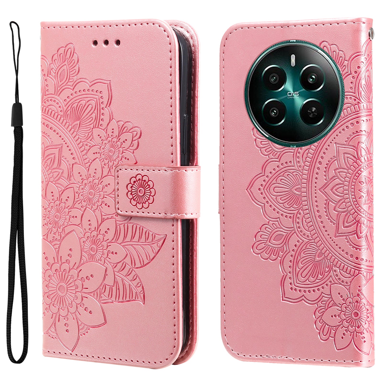 For Realme 12+ 5G Leather Case Wallet Phone Cover Imprinted Flower Pattern