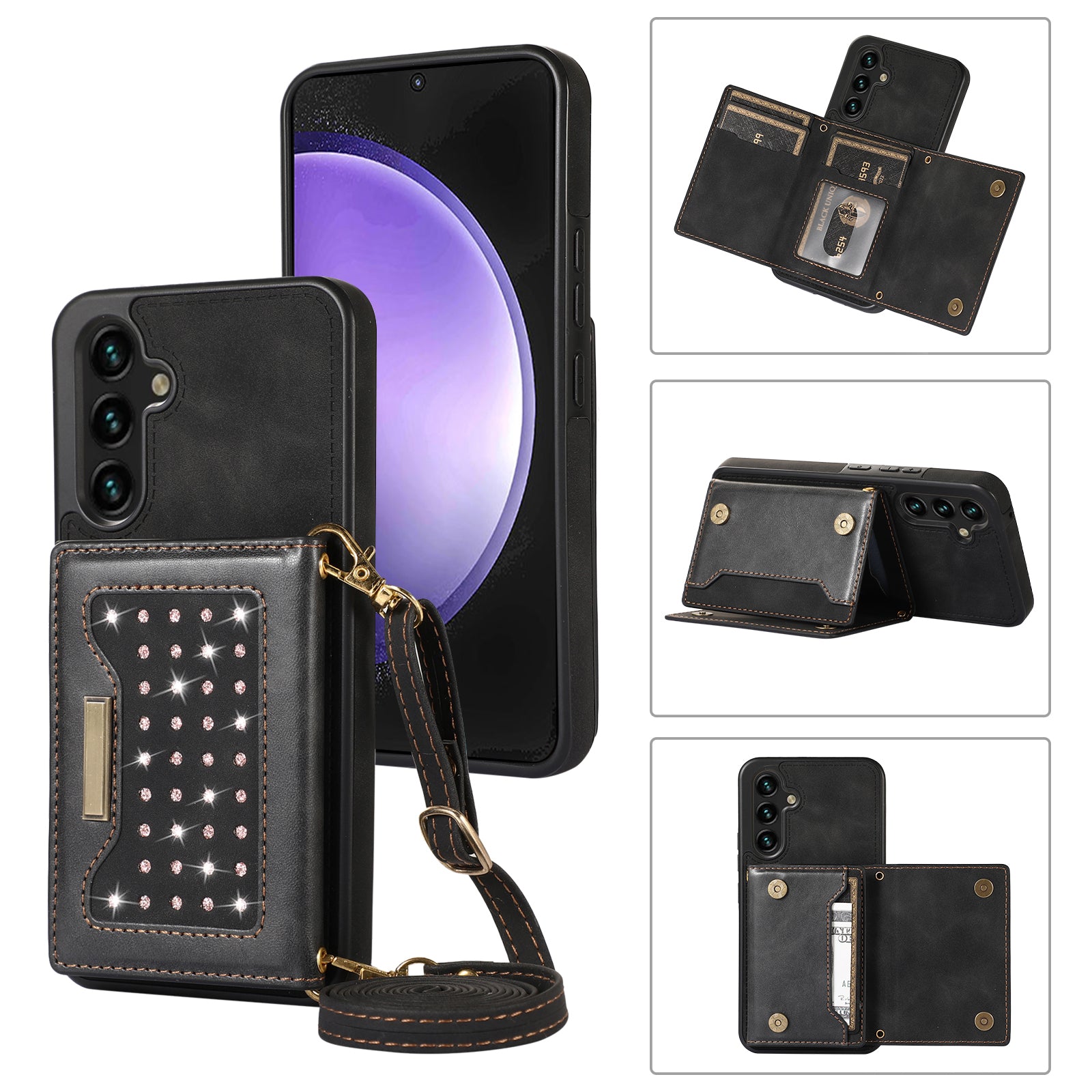 For Samsung Galaxy S23 Case Leather+TPU Kickstand Cover with Lanyard RFID Blocking Wallet
