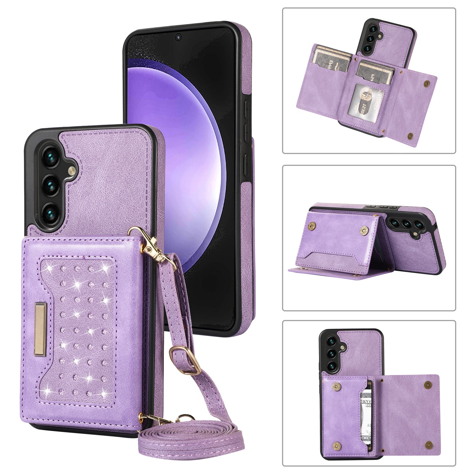 For Samsung Galaxy S23 Case Leather+TPU Kickstand Cover with Lanyard RFID Blocking Wallet