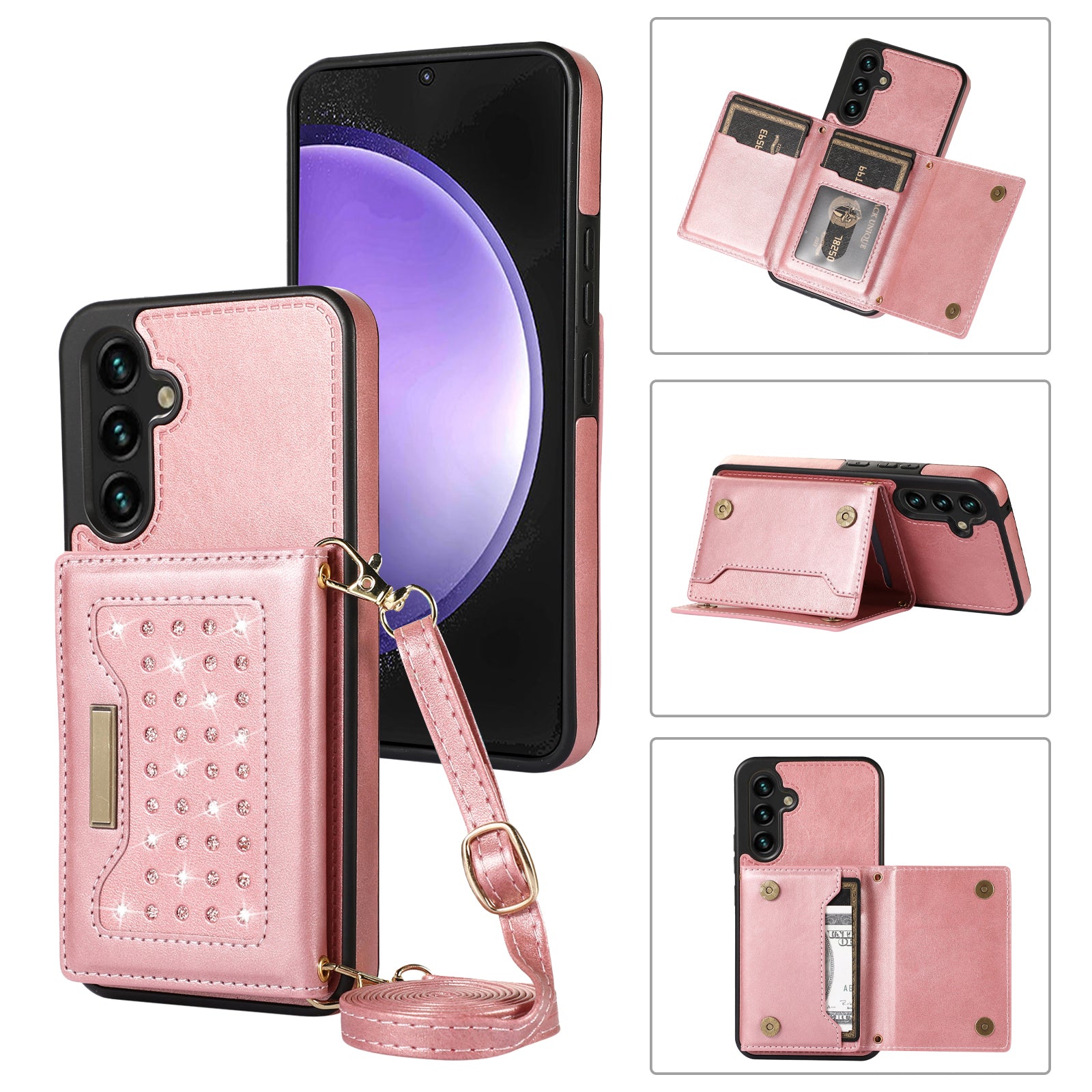 For Samsung Galaxy S23 Case Leather+TPU Kickstand Cover with Lanyard RFID Blocking Wallet