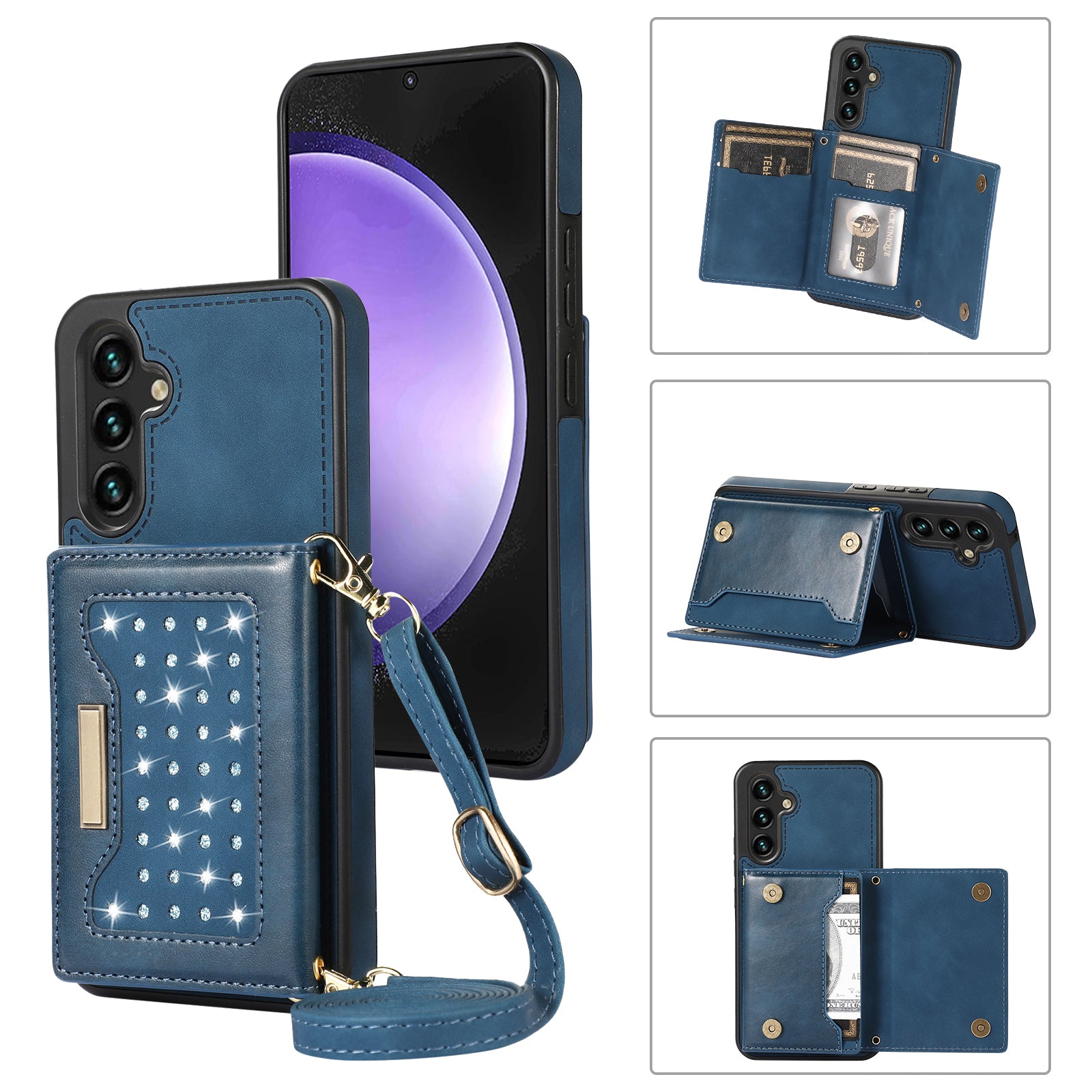 For Samsung Galaxy S23 Case Leather+TPU Kickstand Cover with Lanyard RFID Blocking Wallet