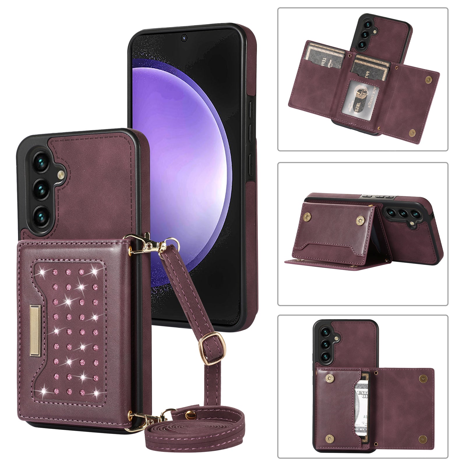 For Samsung Galaxy S23 Case Leather+TPU Kickstand Cover with Lanyard RFID Blocking Wallet