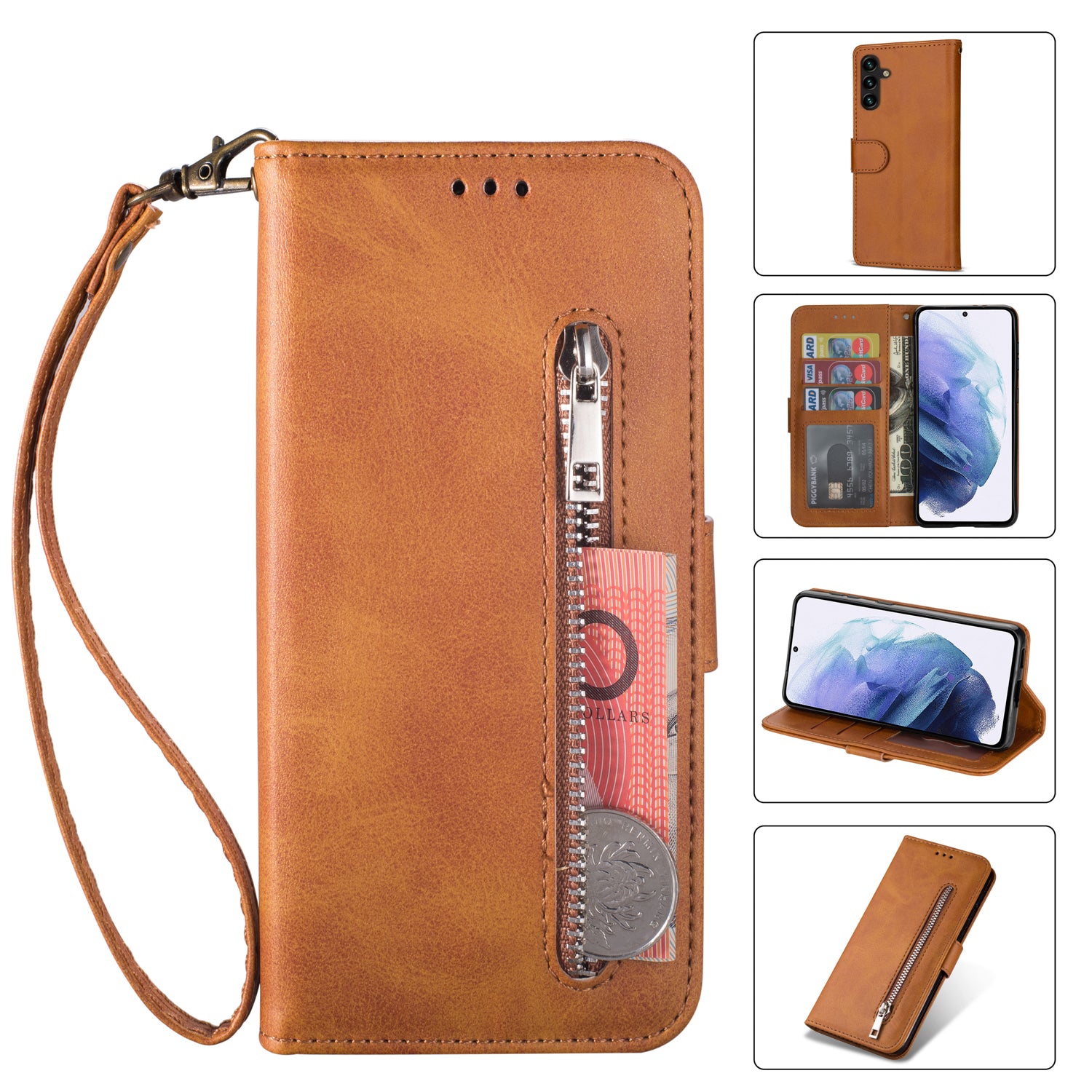 For Samsung Galaxy A15 4G / 5G Case Zipper Pocket Leather Wallet Phone Cover