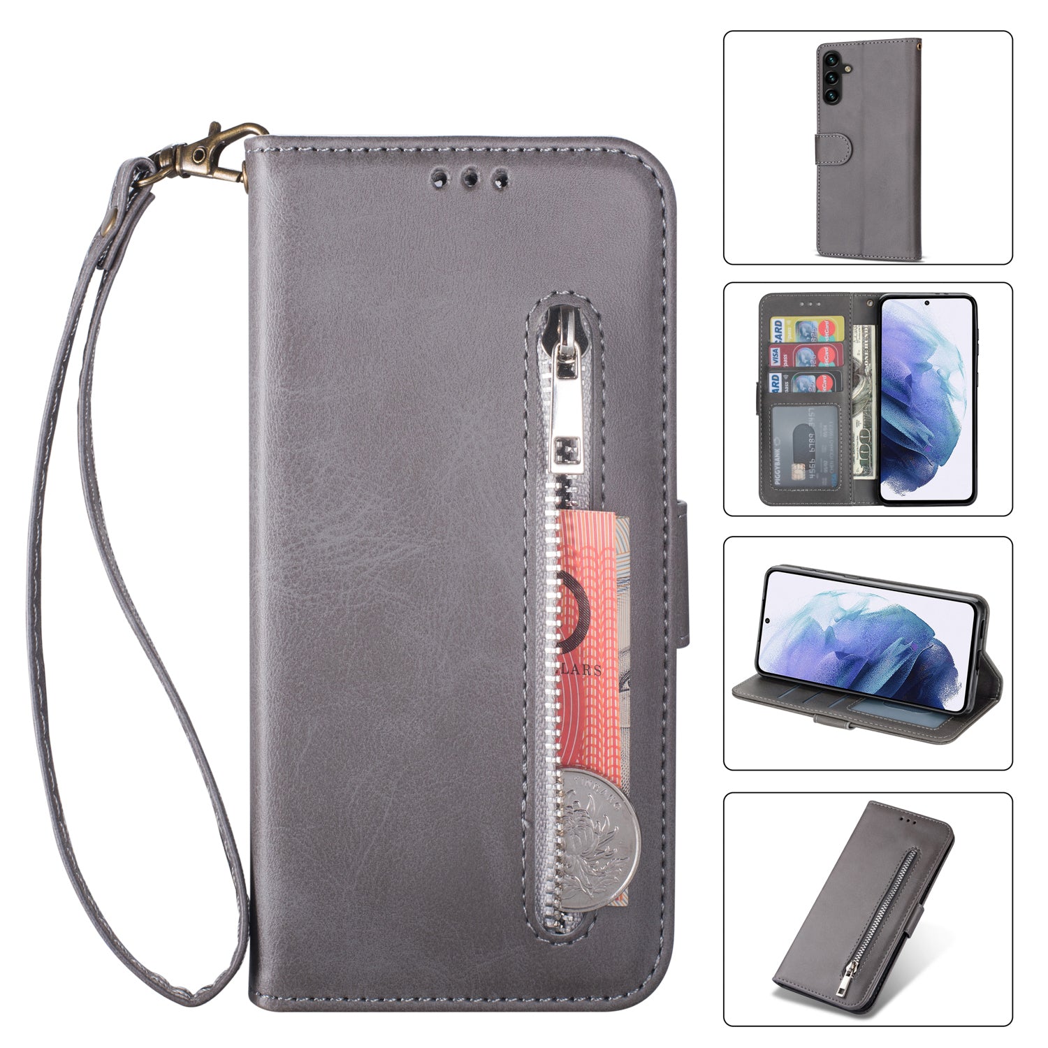 For Samsung Galaxy A35 5G Case with Strap Zipper Wallet PU Leather Stand Phone Cover