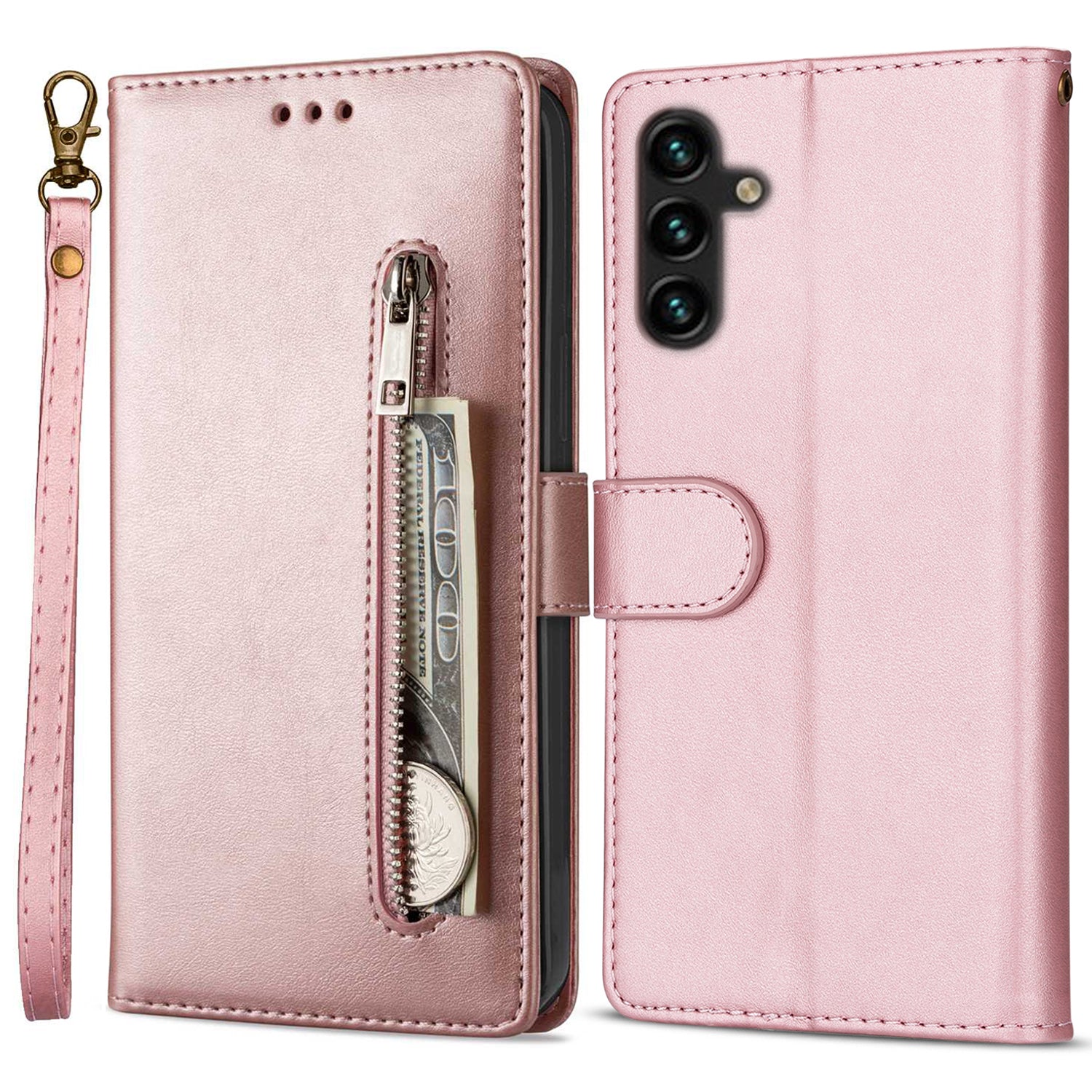 For Samsung Galaxy A55 5G Case Wallet PU Leather Phone Cover with Zipper Pocket