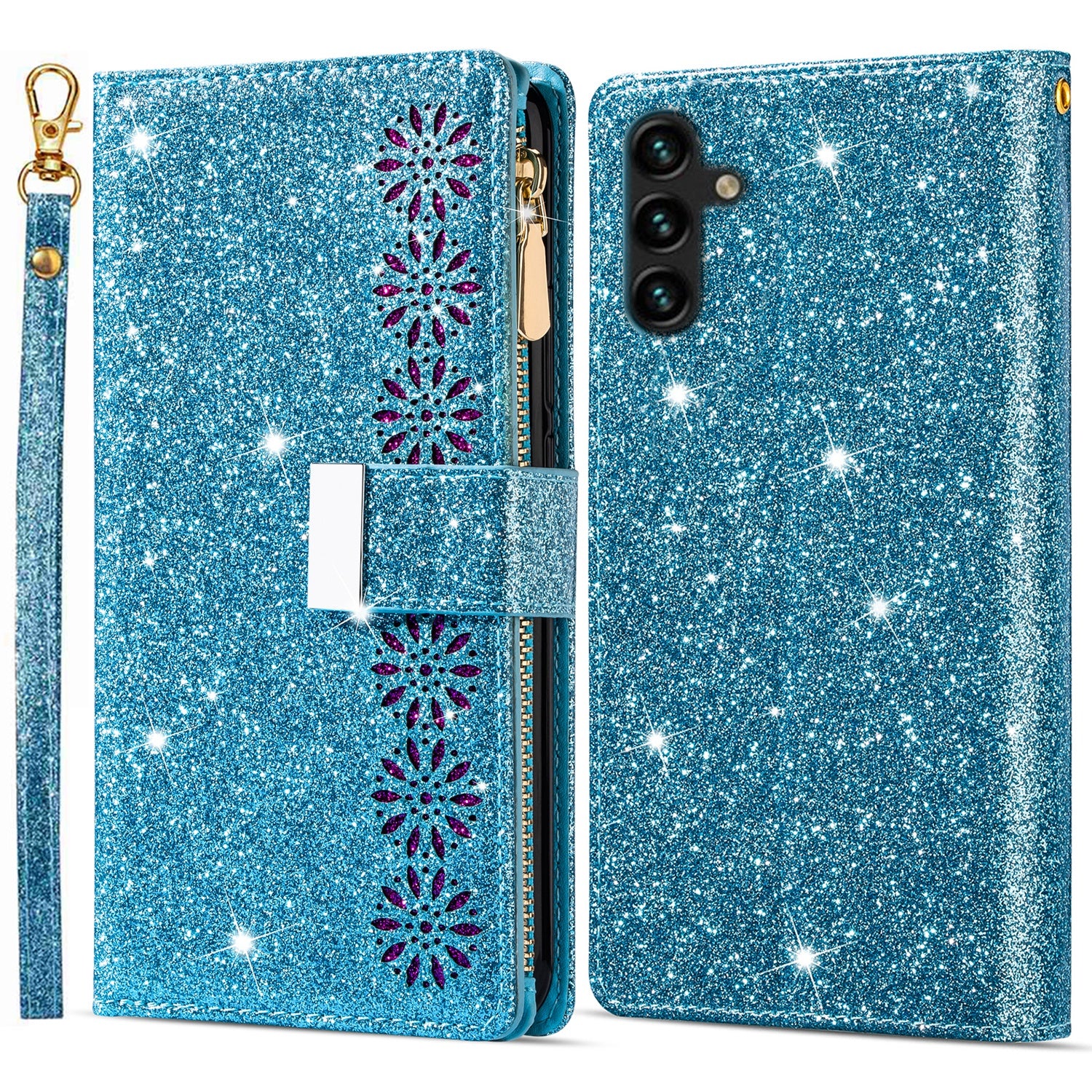 For Samsung Galaxy S23 FE Wallet Case Shiny Glitter Zipper Leather Phone Cover