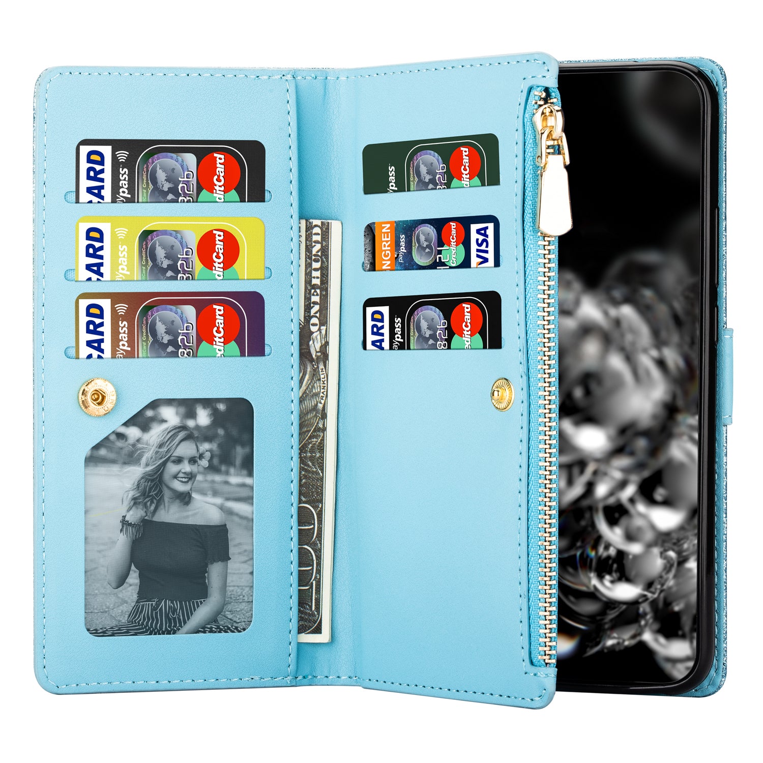 For Samsung Galaxy S23 FE Wallet Case Shiny Glitter Zipper Leather Phone Cover