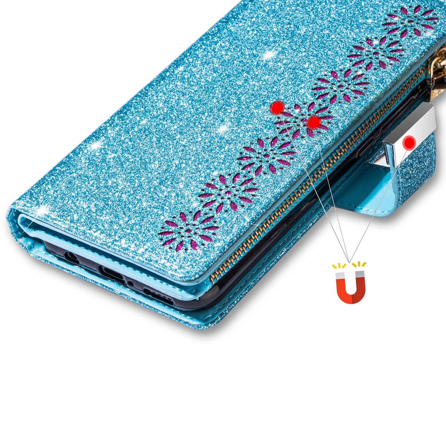 For Samsung Galaxy S23 FE Wallet Case Shiny Glitter Zipper Leather Phone Cover