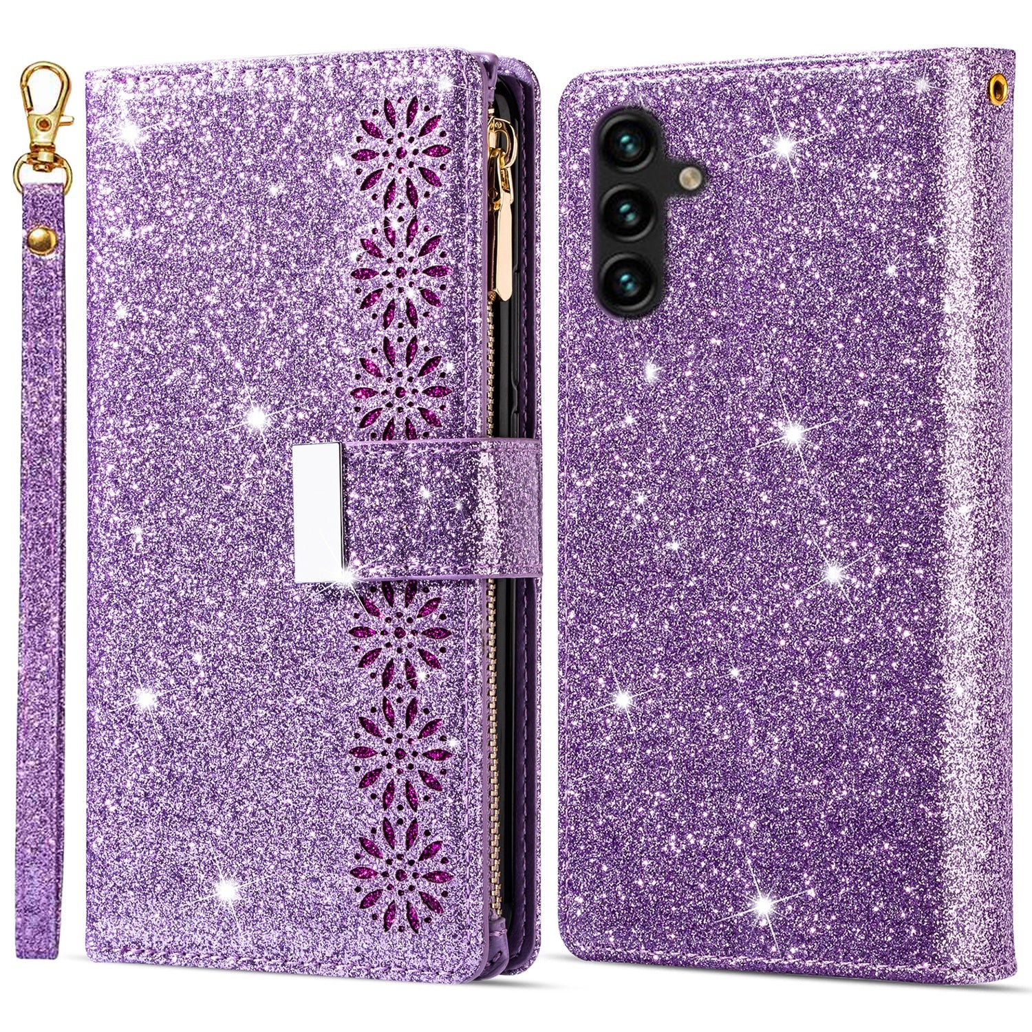 For Samsung Galaxy S23 FE Wallet Case Shiny Glitter Zipper Leather Phone Cover