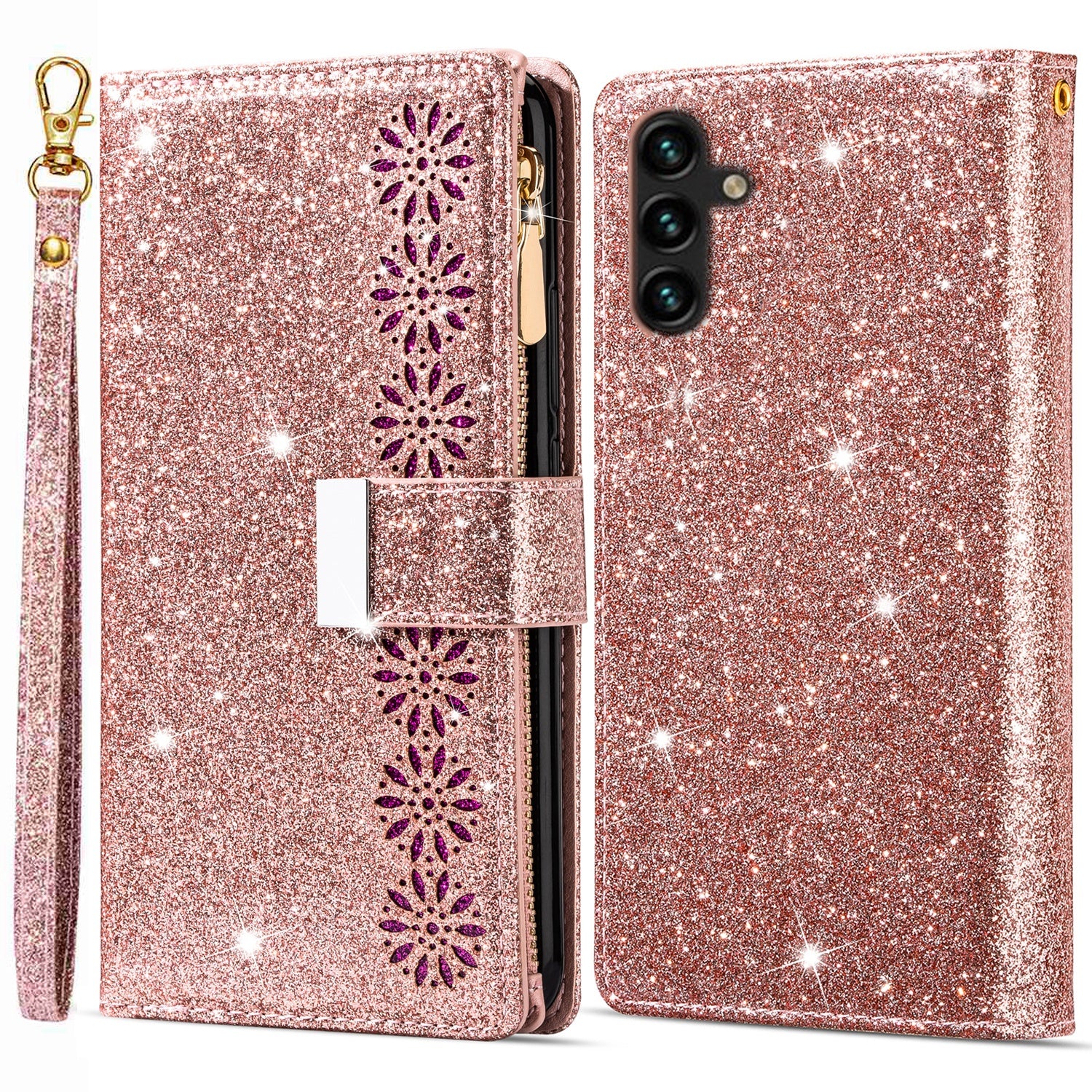 For Samsung Galaxy S23 FE Wallet Case Shiny Glitter Zipper Leather Phone Cover