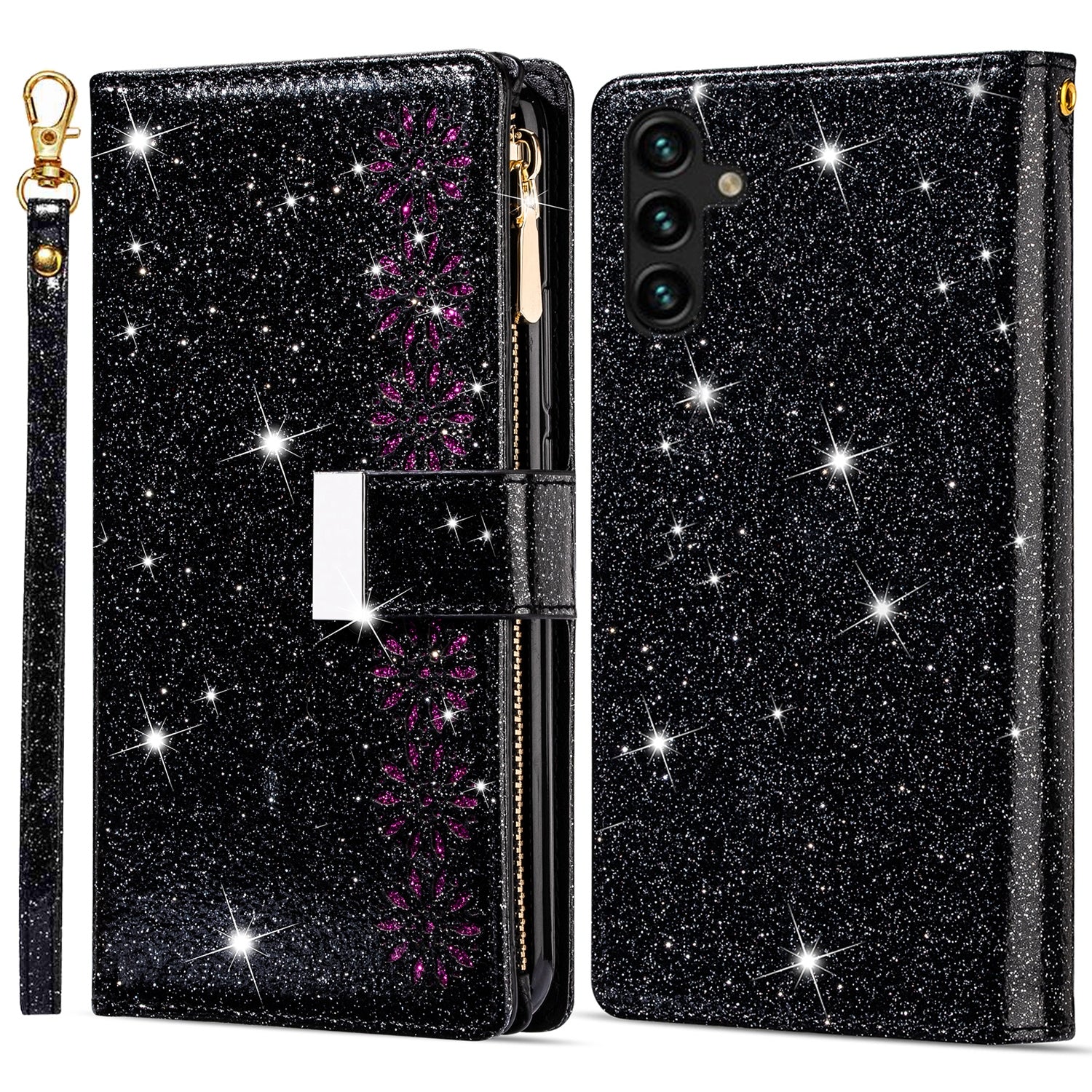 For Samsung Galaxy S23 FE Wallet Case Shiny Glitter Zipper Leather Phone Cover