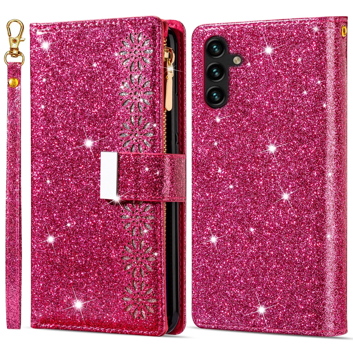 For Samsung Galaxy S23 FE Wallet Case Shiny Glitter Zipper Leather Phone Cover