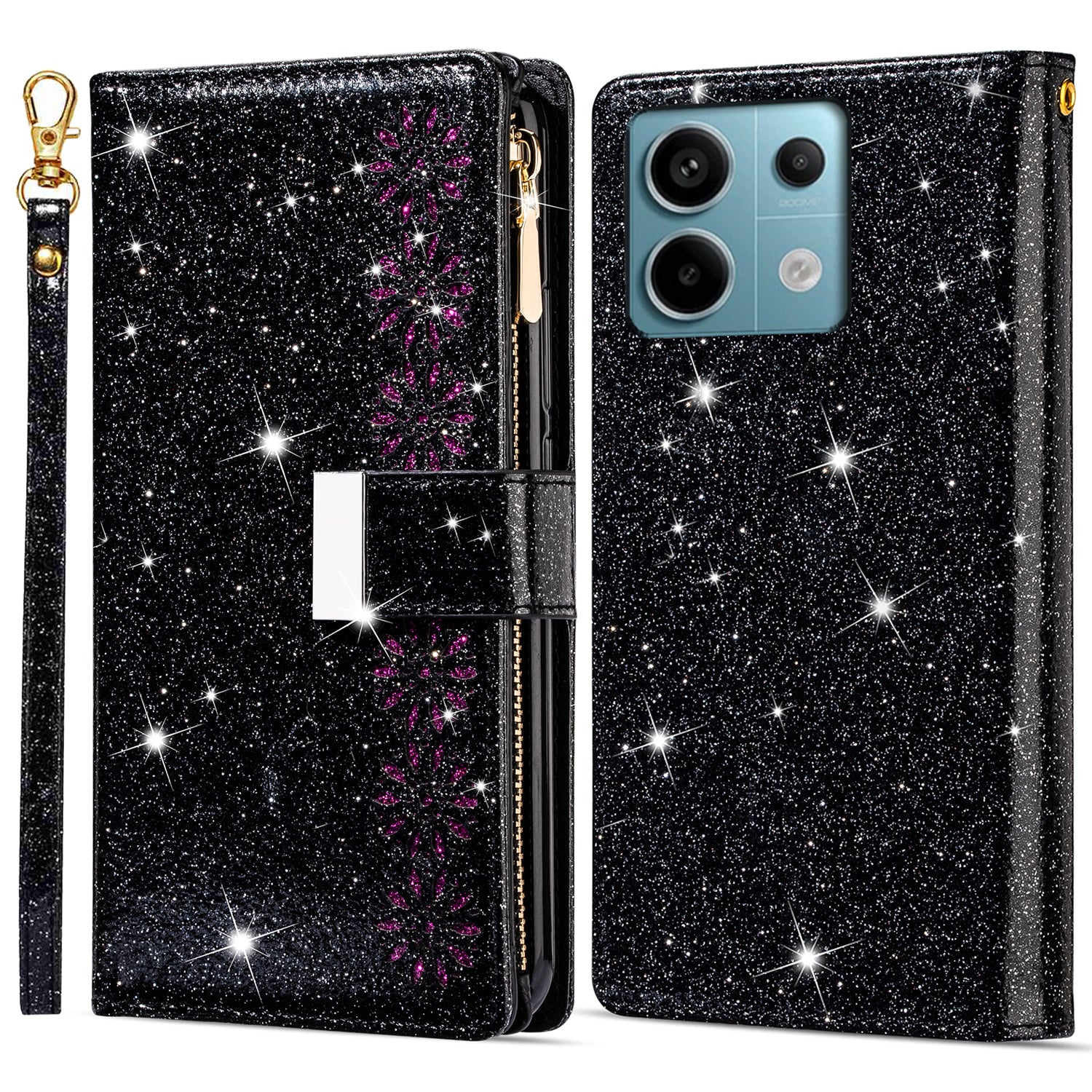 For Xiaomi Redmi Note 13 5G Case Zipper Wallet PU Leather Glitter Phone Cover