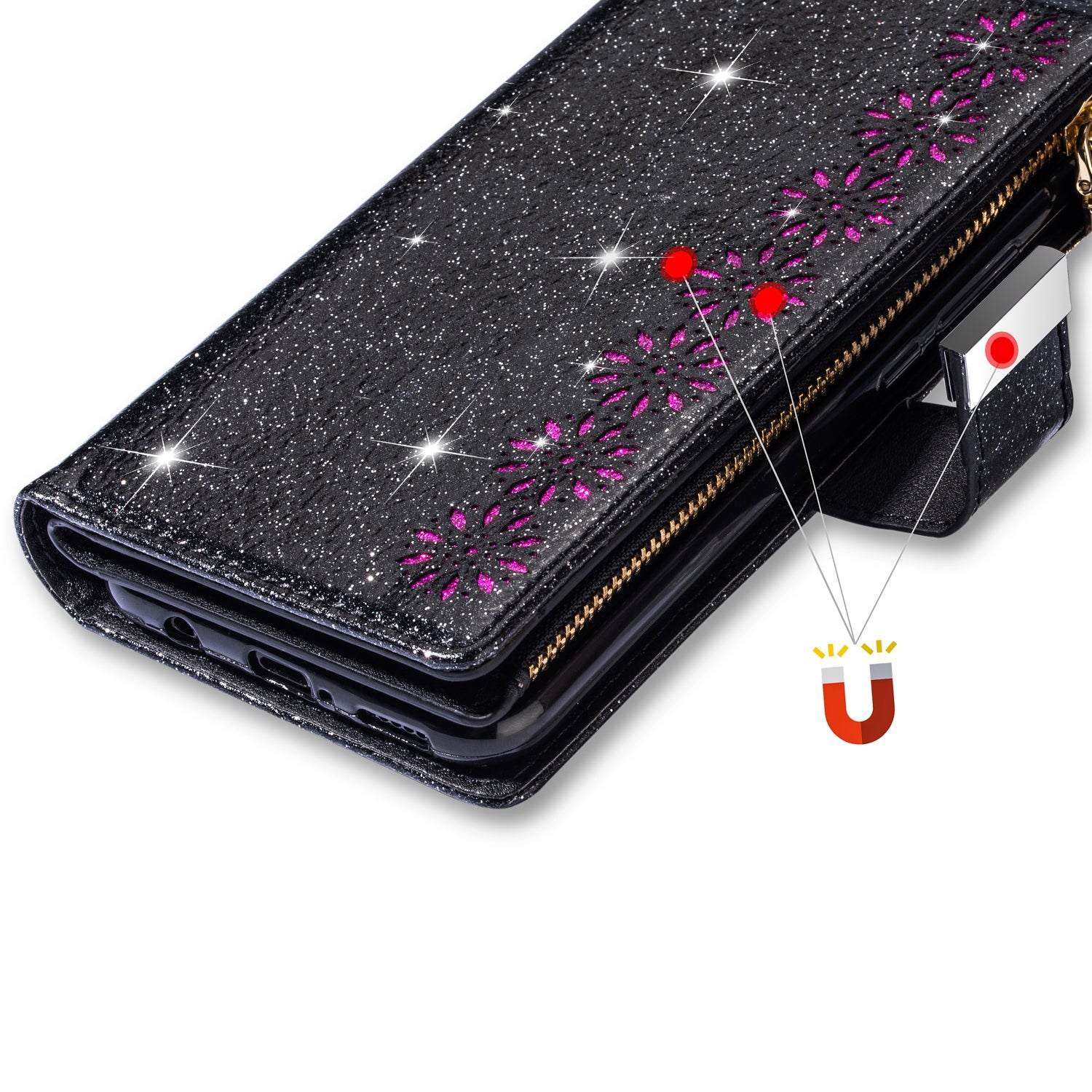 For Xiaomi Redmi Note 13 5G Case Zipper Wallet PU Leather Glitter Phone Cover