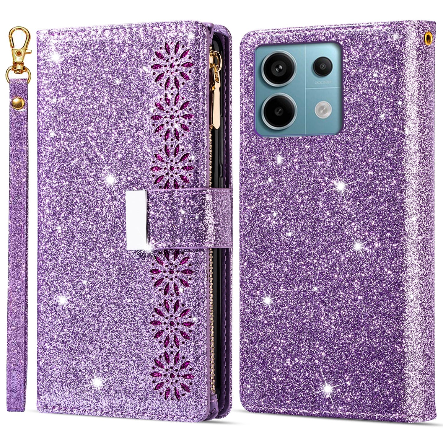For Xiaomi Redmi Note 13 5G Case Zipper Wallet PU Leather Glitter Phone Cover