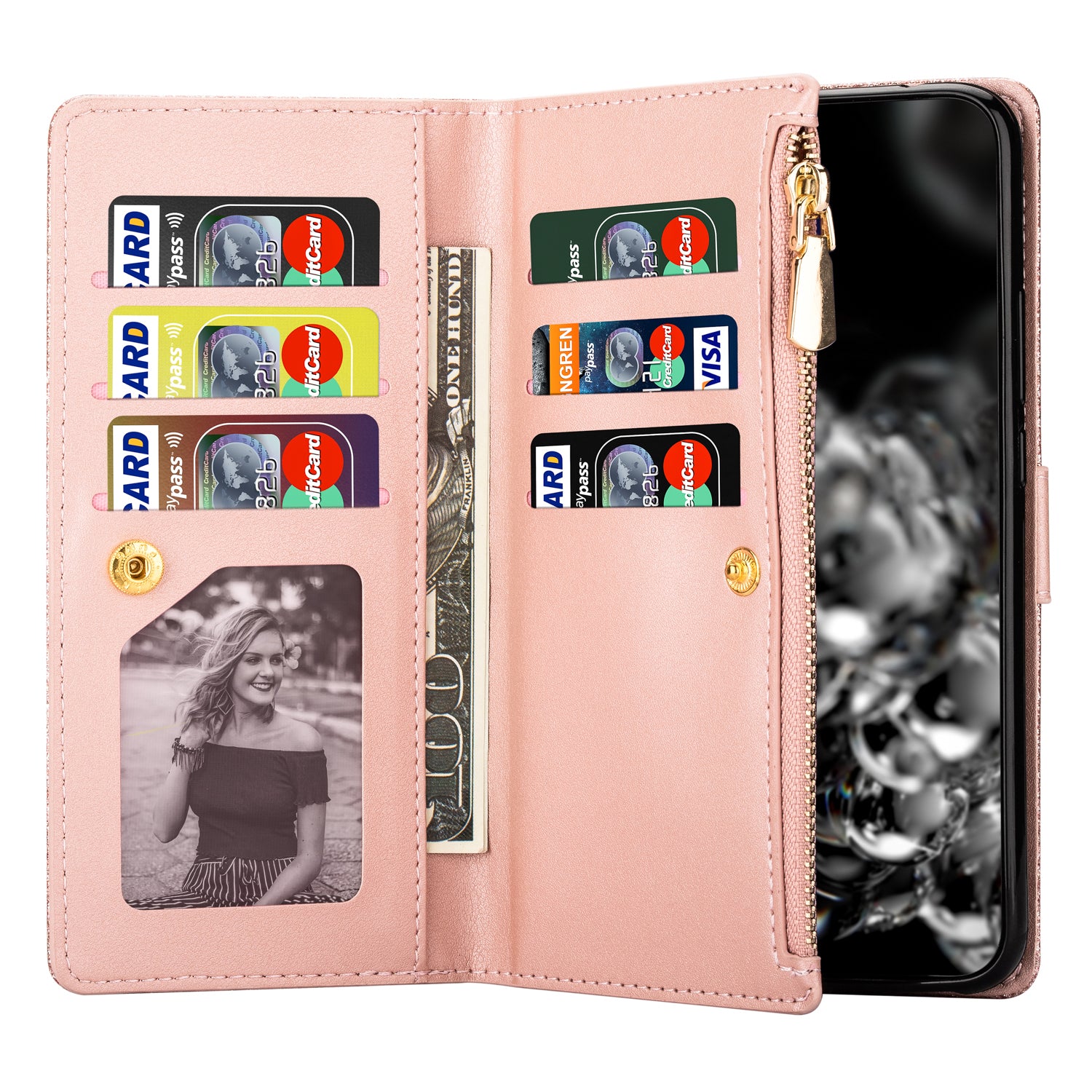 For Samsung Galaxy A55 5G Leather Case Stand Zipper Wallet Glittery Phone Cover