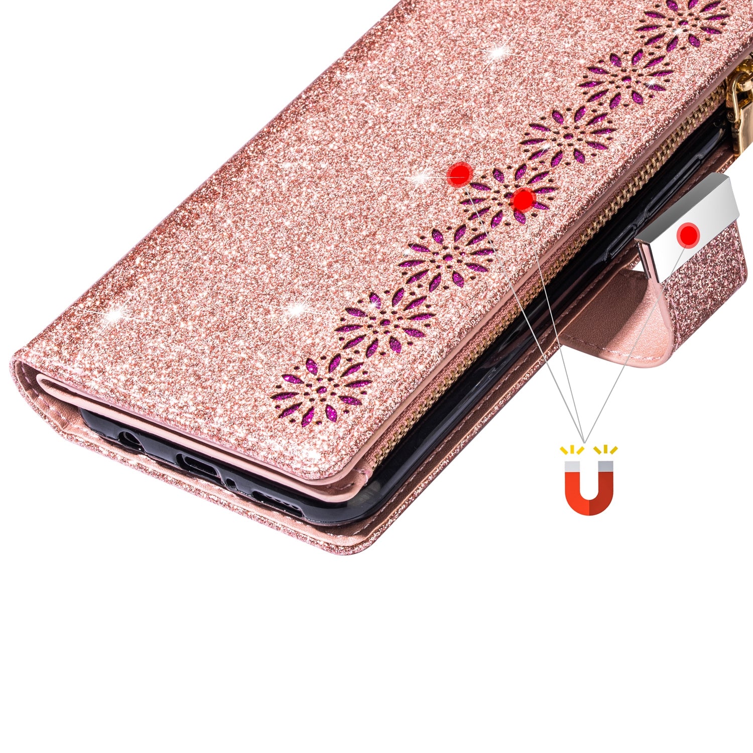 For Samsung Galaxy A55 5G Leather Case Stand Zipper Wallet Glittery Phone Cover