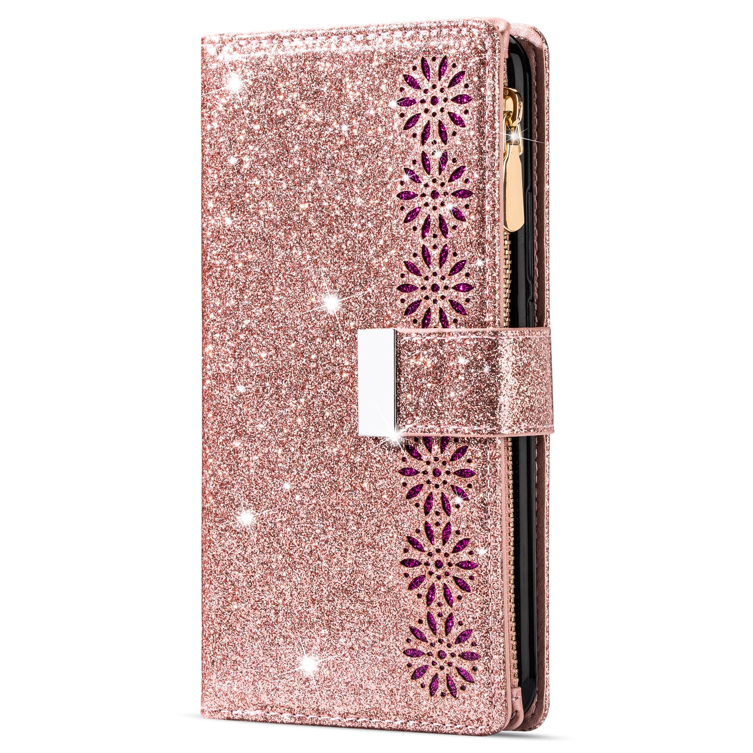 For Samsung Galaxy A55 5G Leather Case Stand Zipper Wallet Glittery Phone Cover