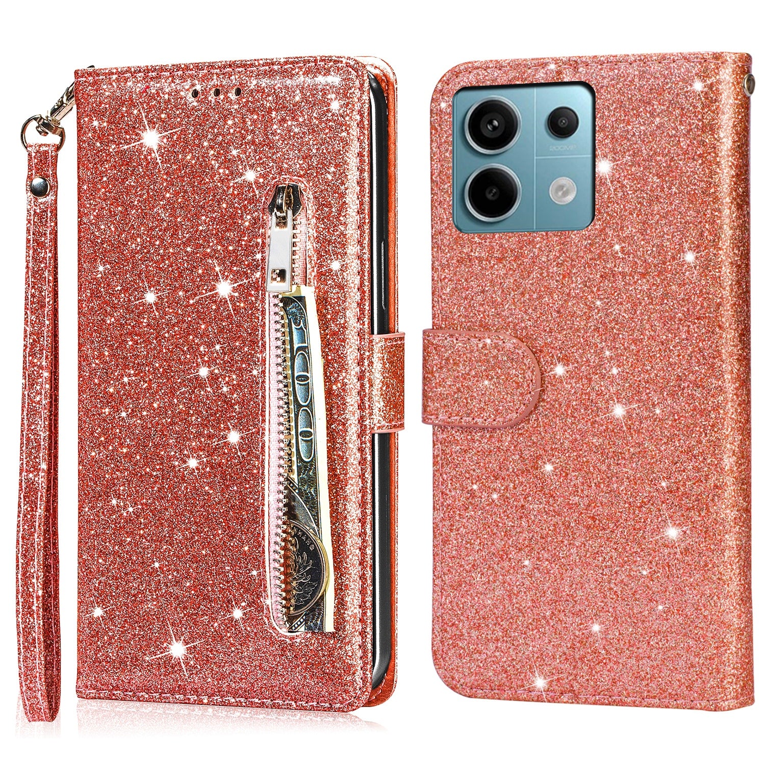 For Xiaomi Redmi Note 13 5G Case Stand Glitter Phone Leather Cover Zipper Pocket