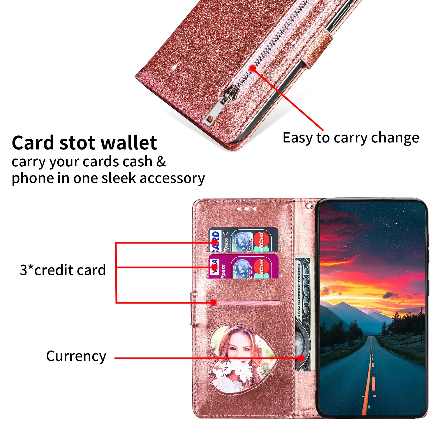 For Xiaomi Redmi Note 13 5G Case Stand Glitter Phone Leather Cover Zipper Pocket