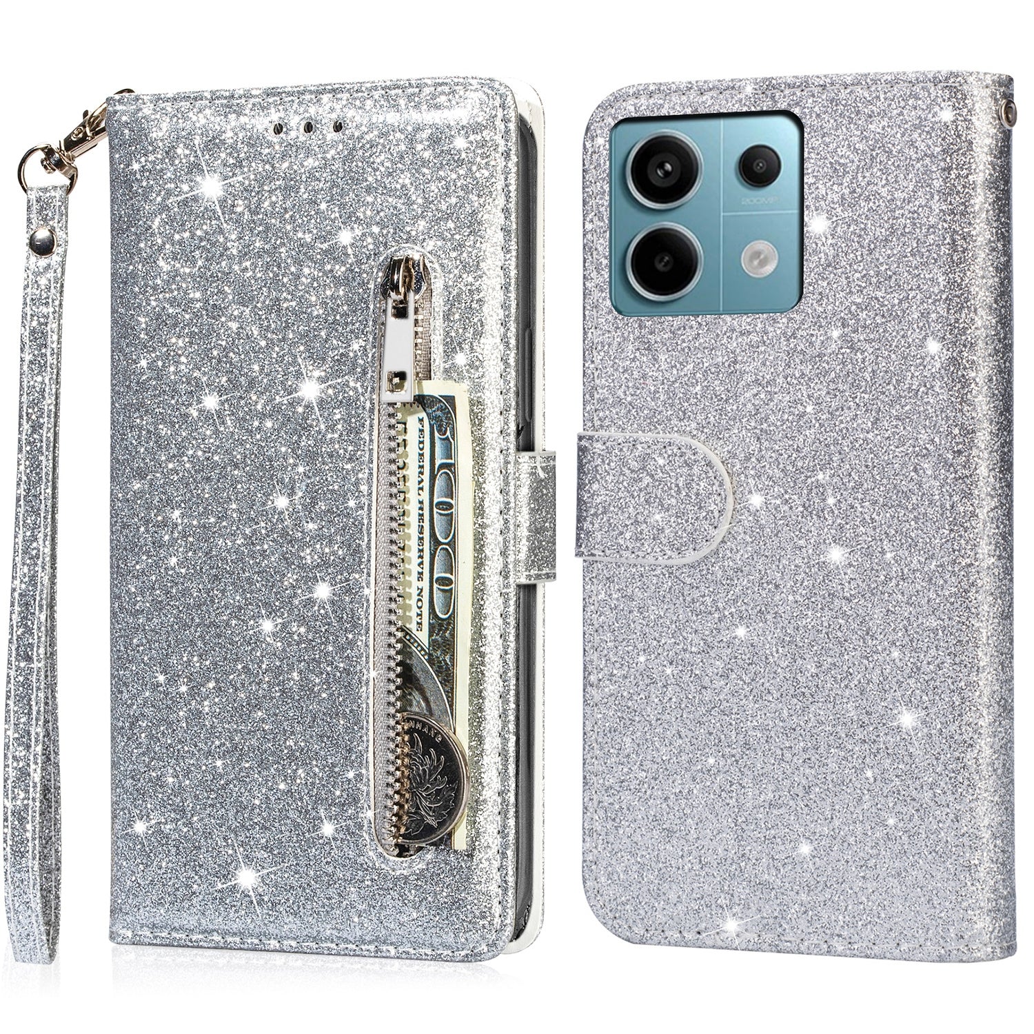 For Xiaomi Redmi Note 13 5G Case Stand Glitter Phone Leather Cover Zipper Pocket