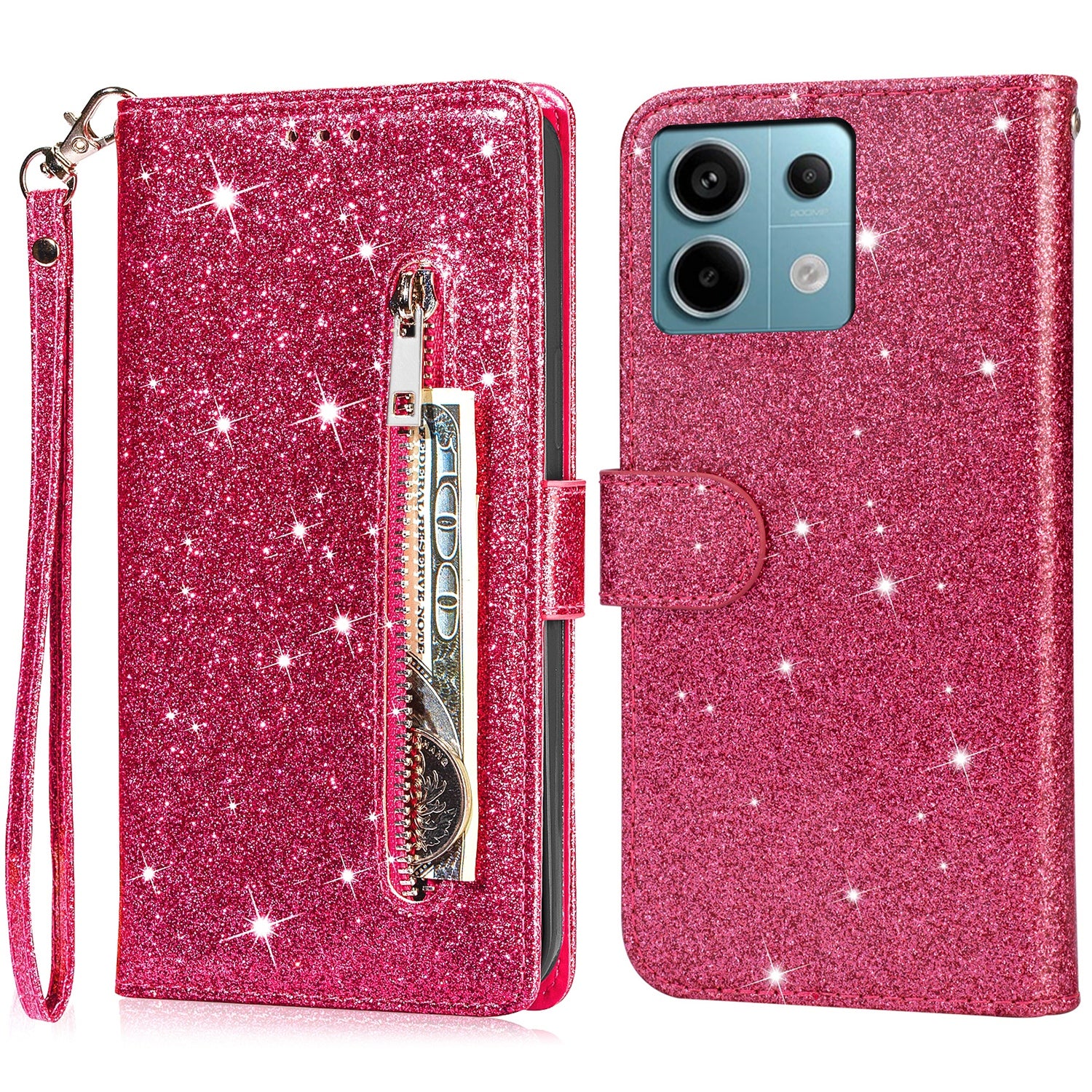 For Xiaomi Redmi Note 13 5G Case Stand Glitter Phone Leather Cover Zipper Pocket
