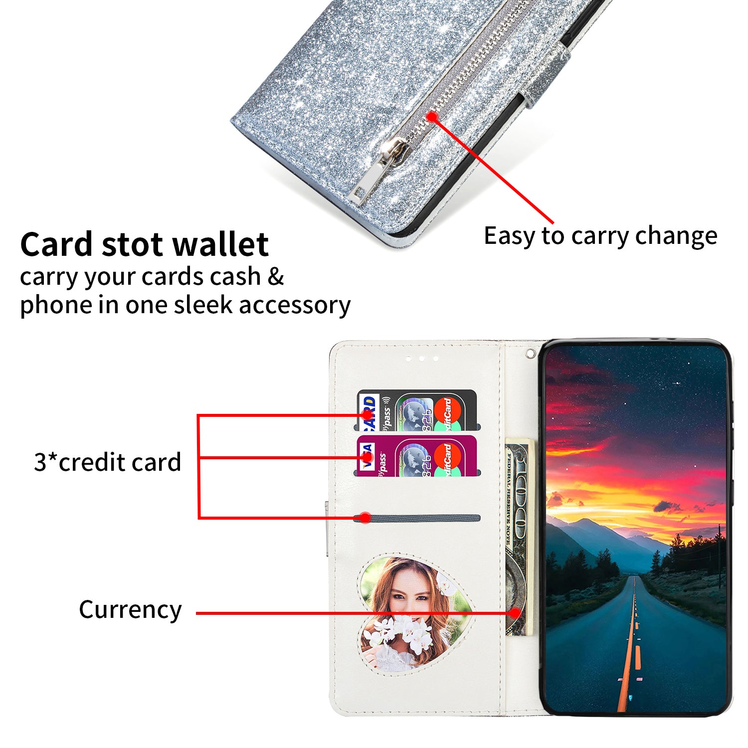 For Xiaomi Redmi Note 13 Pro 5G / Poco X6 5G Case Glitter Zipper Leather Cover with Wallet