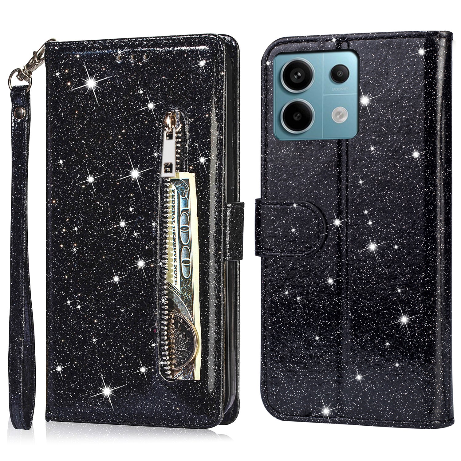 For Xiaomi Redmi Note 13 Pro 5G / Poco X6 5G Case Glitter Zipper Leather Cover with Wallet