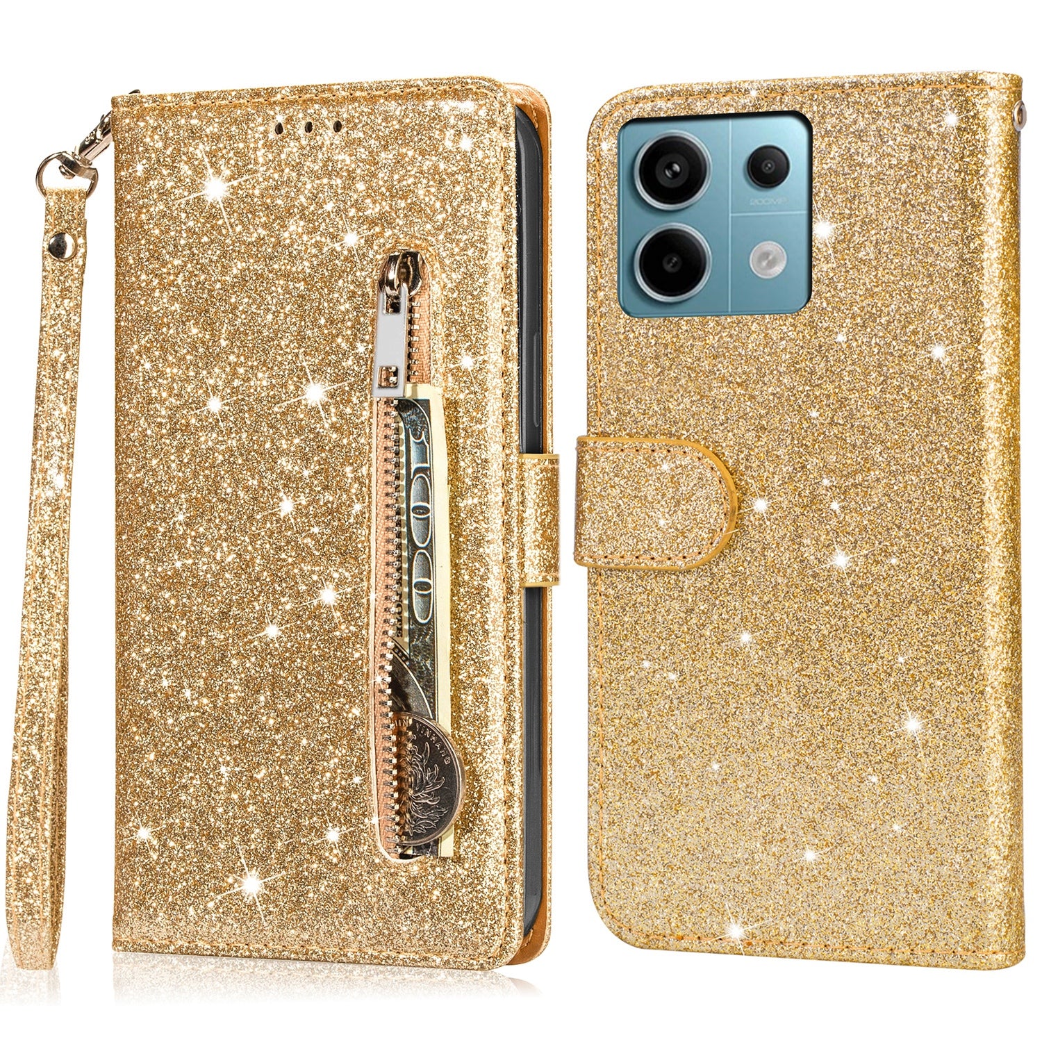 For Xiaomi Redmi Note 13 Pro 5G / Poco X6 5G Case Glitter Zipper Leather Cover with Wallet