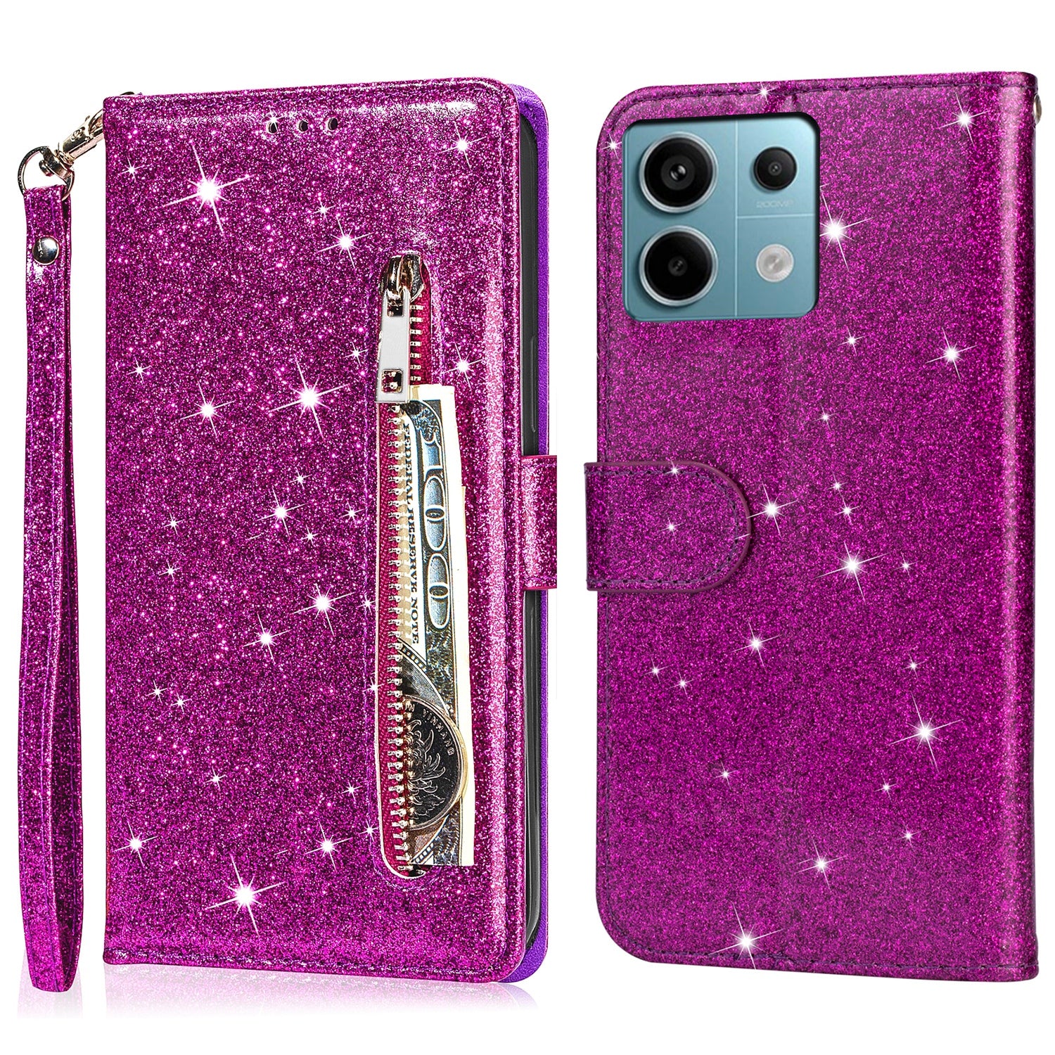 For Xiaomi Redmi Note 13 Pro 5G / Poco X6 5G Case Glitter Zipper Leather Cover with Wallet