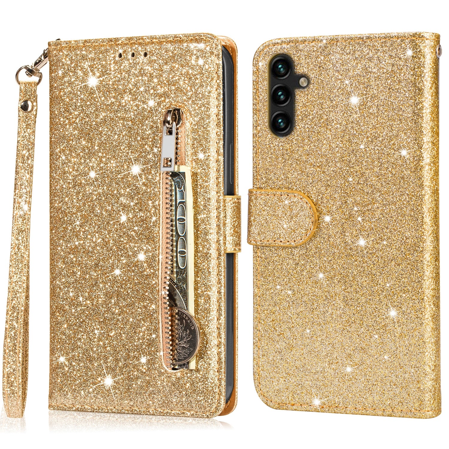 For Samsung Galaxy S23 FE Case Zipper Pocket Glitter Leather Phone Cover