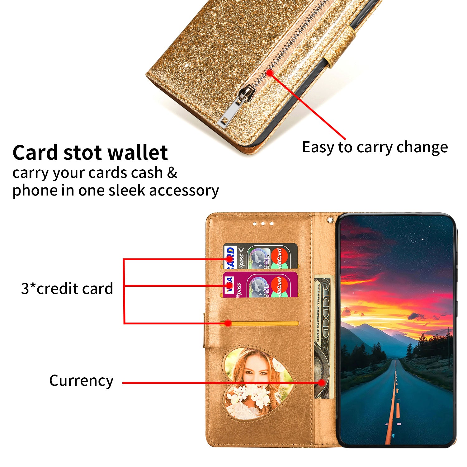 For Samsung Galaxy S23 FE Case Zipper Pocket Glitter Leather Phone Cover