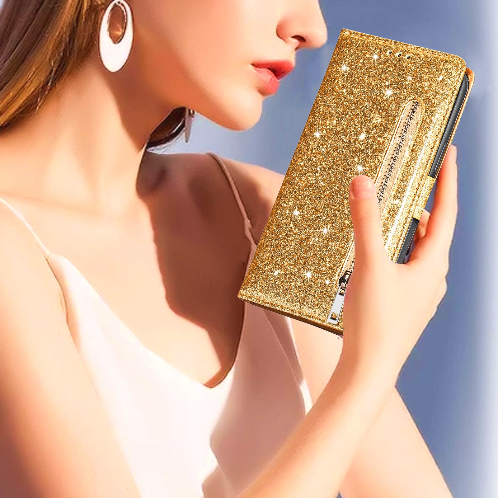 For Samsung Galaxy S23 FE Case Zipper Pocket Glitter Leather Phone Cover