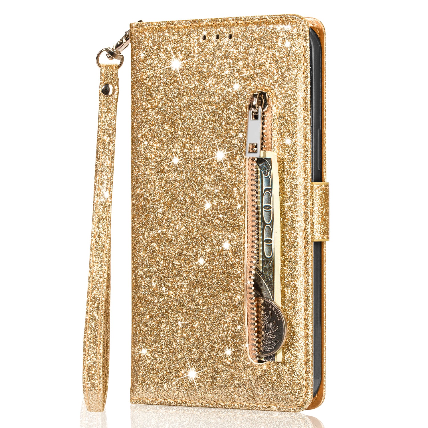 For Samsung Galaxy S23 FE Case Zipper Pocket Glitter Leather Phone Cover