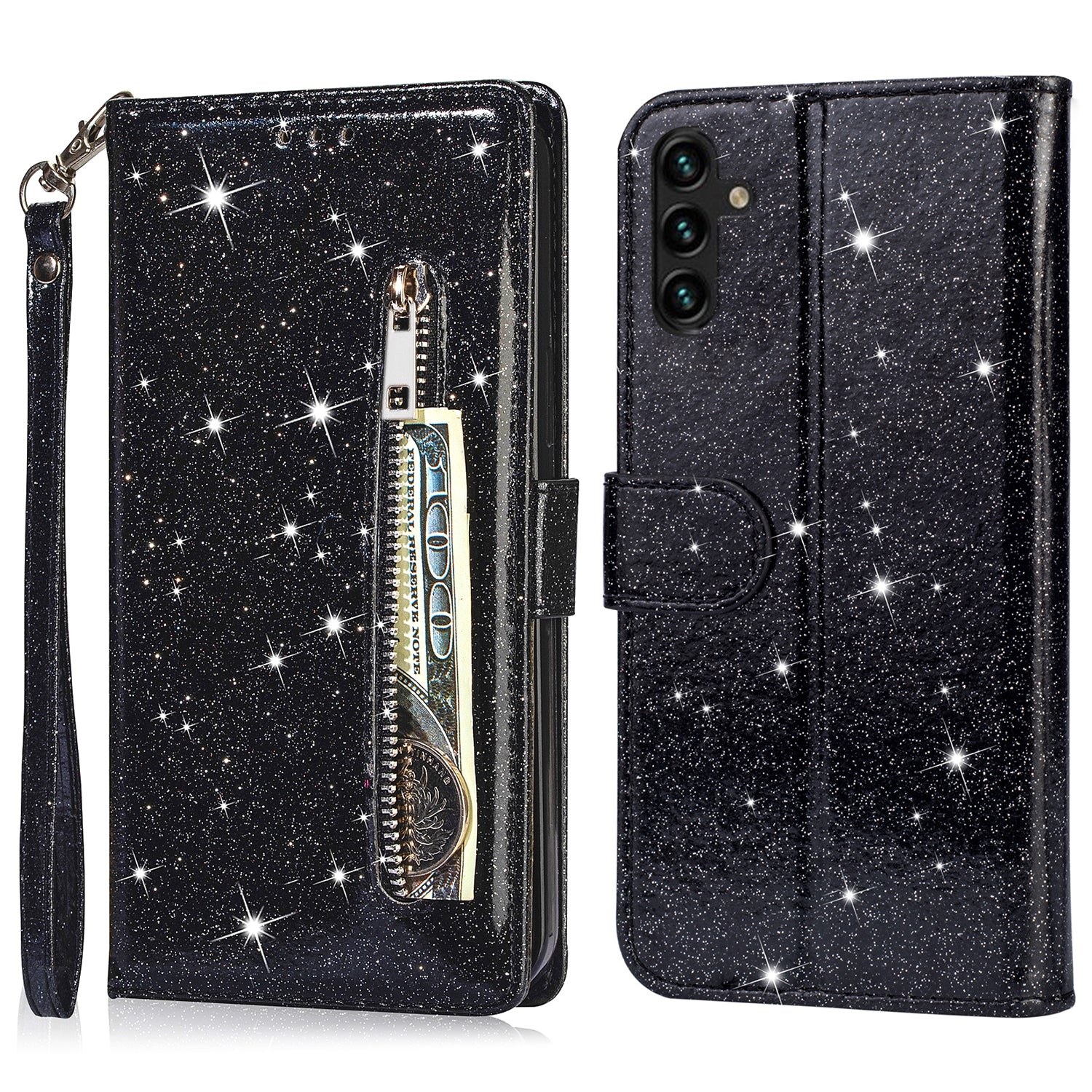 For Samsung Galaxy S23 FE Case Zipper Pocket Glitter Leather Phone Cover