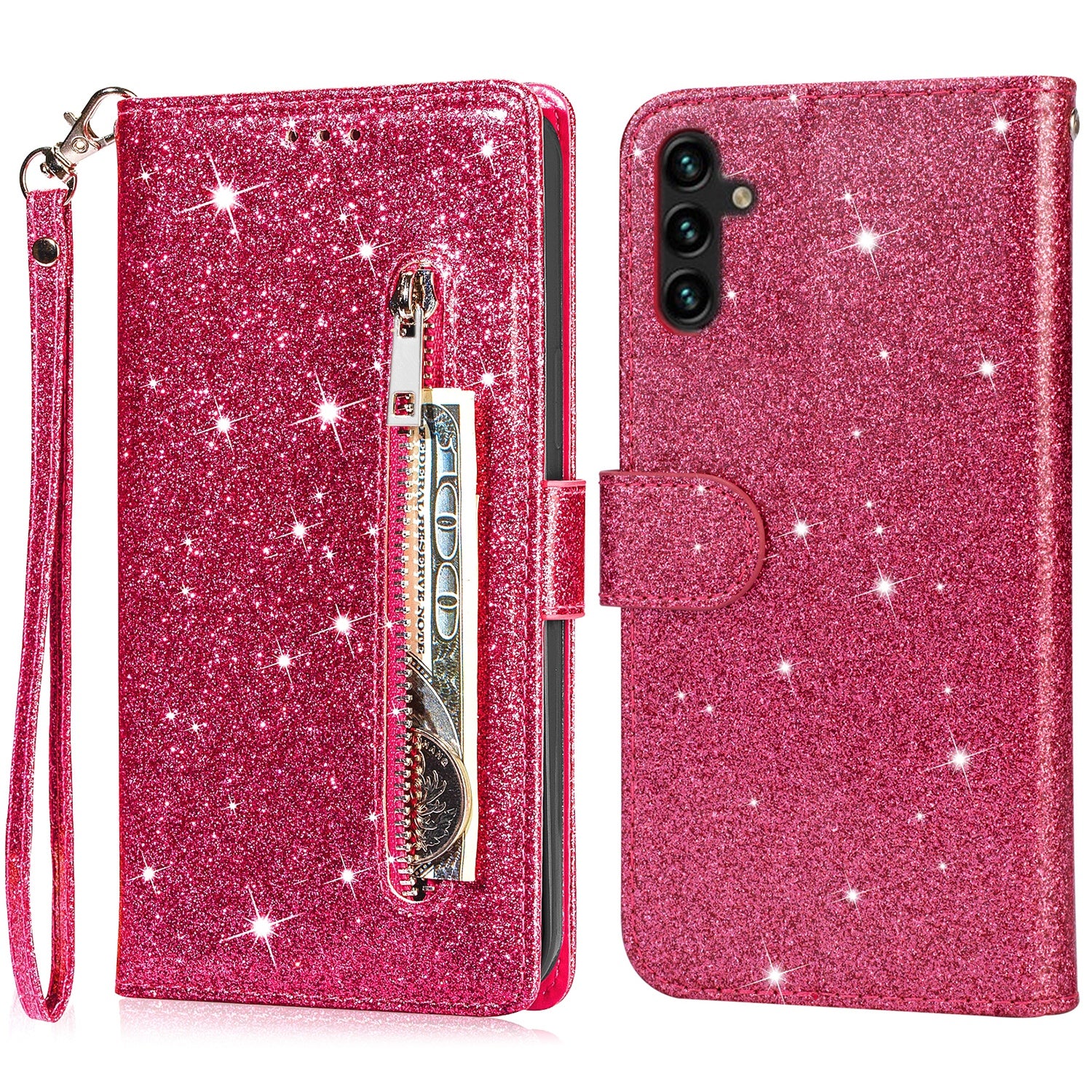 For Samsung Galaxy S23 FE Case Zipper Pocket Glitter Leather Phone Cover