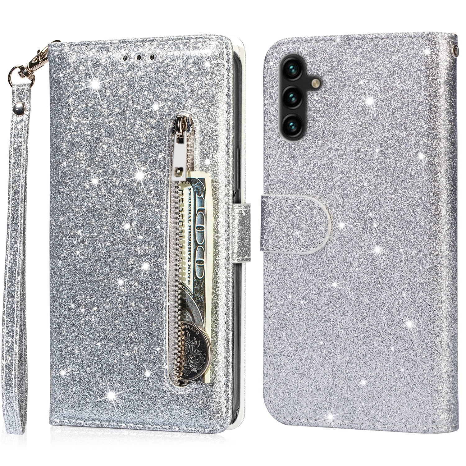 For Samsung Galaxy S23 FE Case Zipper Pocket Glitter Leather Phone Cover