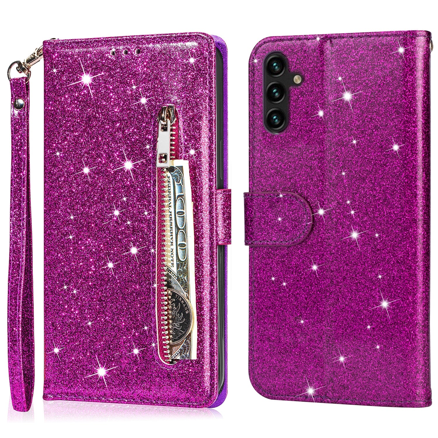 For Samsung Galaxy S23 FE Case Zipper Pocket Glitter Leather Phone Cover