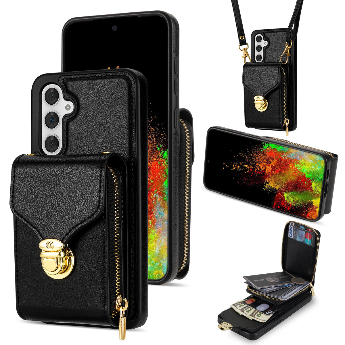 For Samsung Galaxy S23 FE Case Card Holder Zipper Phone Bag Leather+TPU Cover