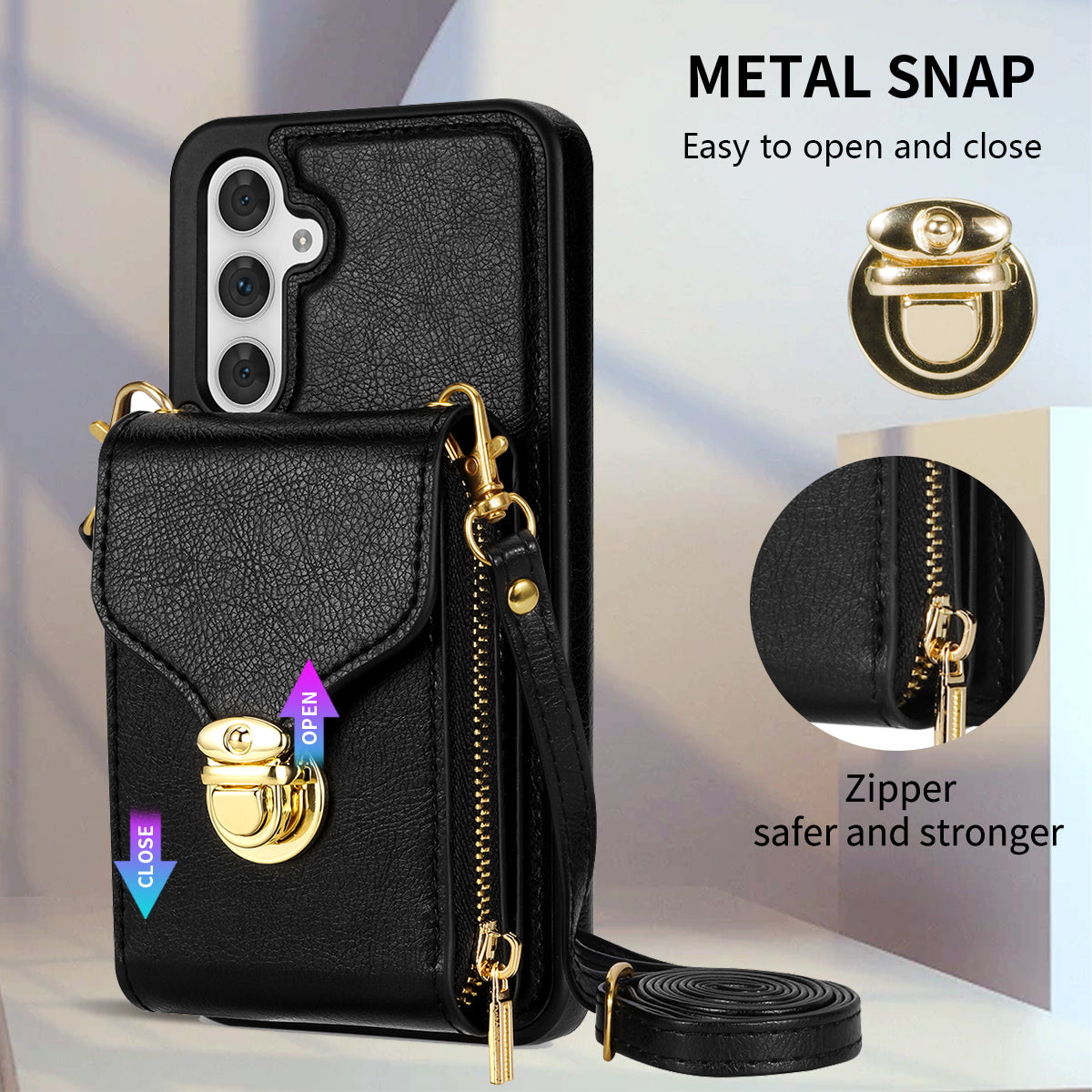 For Samsung Galaxy S23 FE Case Card Holder Zipper Phone Bag Leather+TPU Cover