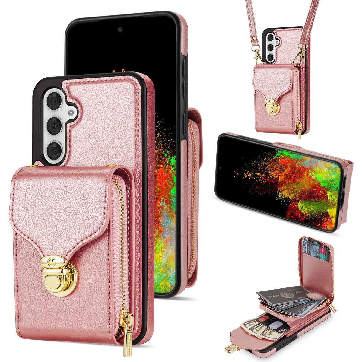 For Samsung Galaxy S23 FE Case Card Holder Zipper Phone Bag Leather+TPU Cover