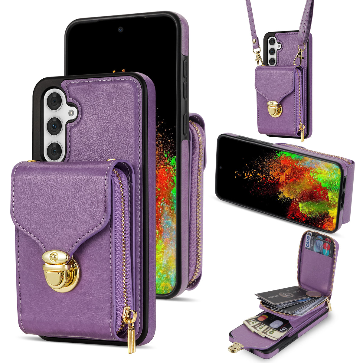 For Samsung Galaxy S23 FE Case Card Holder Zipper Phone Bag Leather+TPU Cover