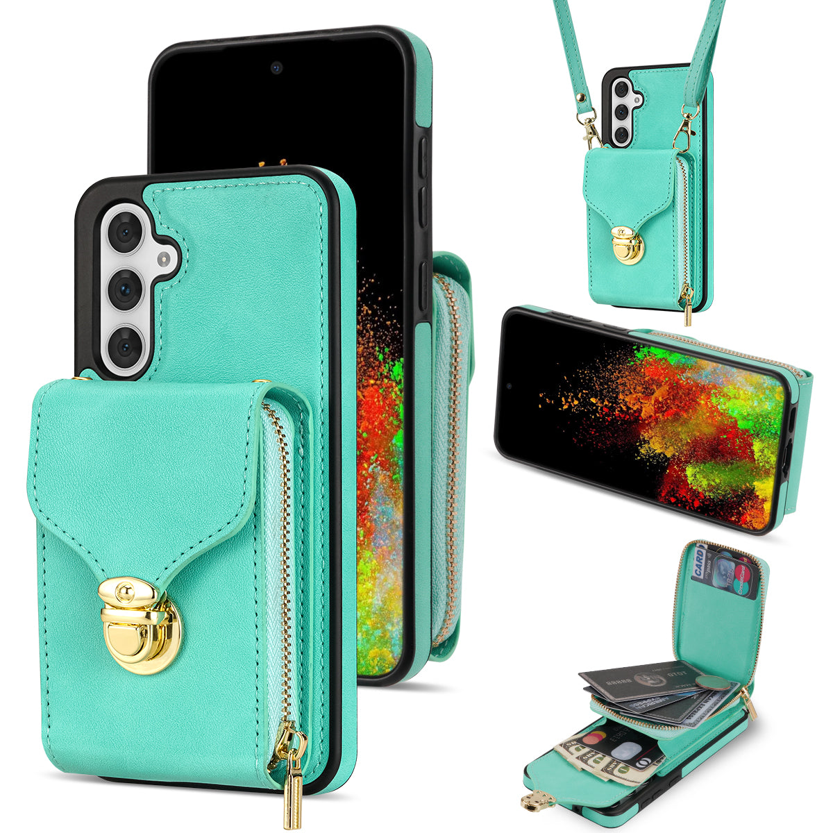 For Samsung Galaxy S23 FE Case Card Holder Zipper Phone Bag Leather+TPU Cover