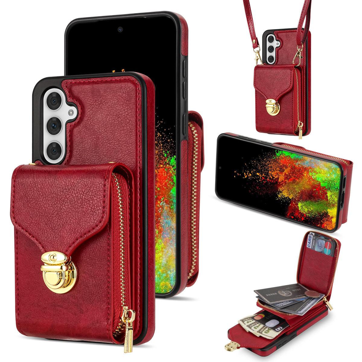 For Samsung Galaxy S23 FE Case Card Holder Zipper Phone Bag Leather+TPU Cover