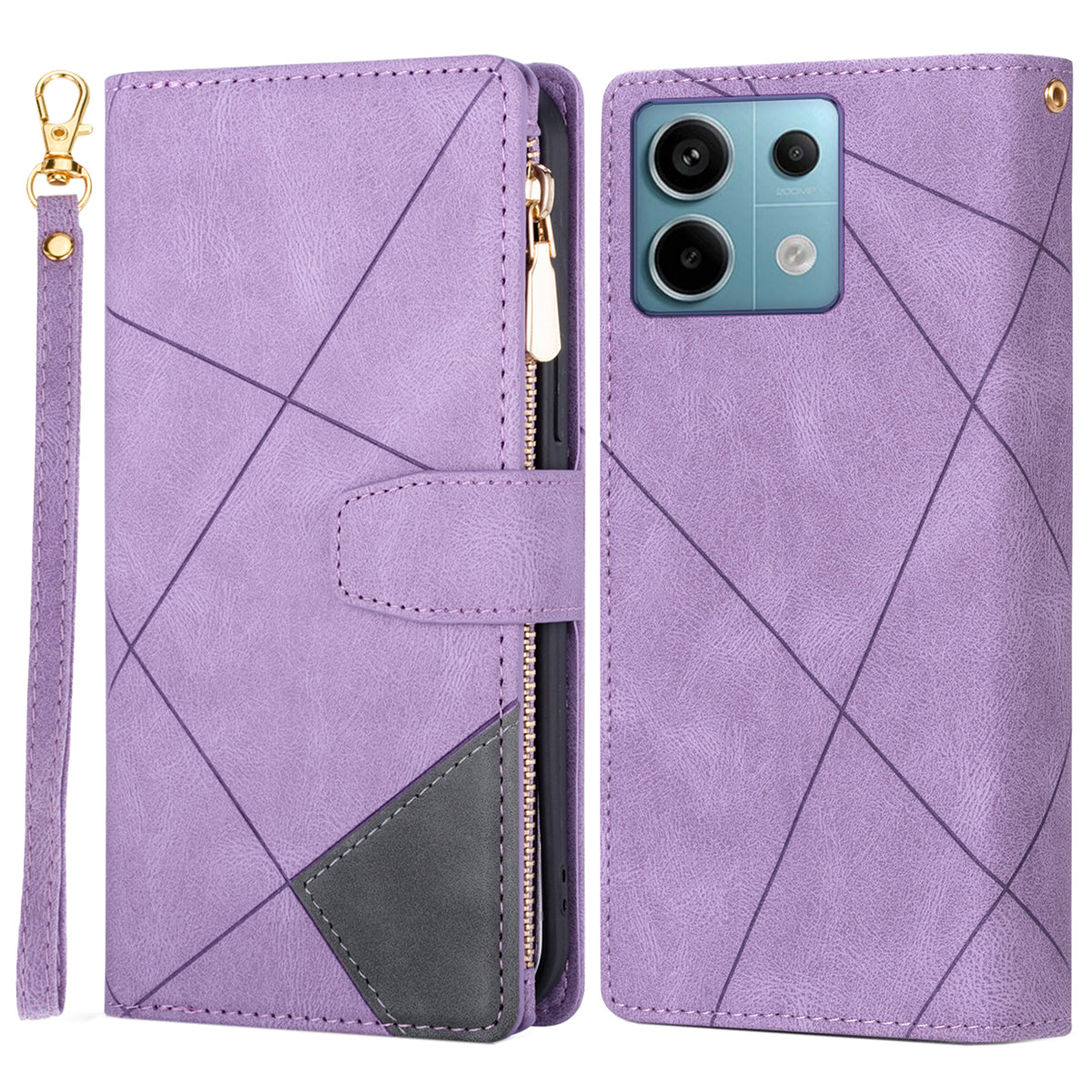 Color Splicing Case for Xiaomi Redmi Note 13 5G Phone Cover Zipper Pocket Wallet Shell